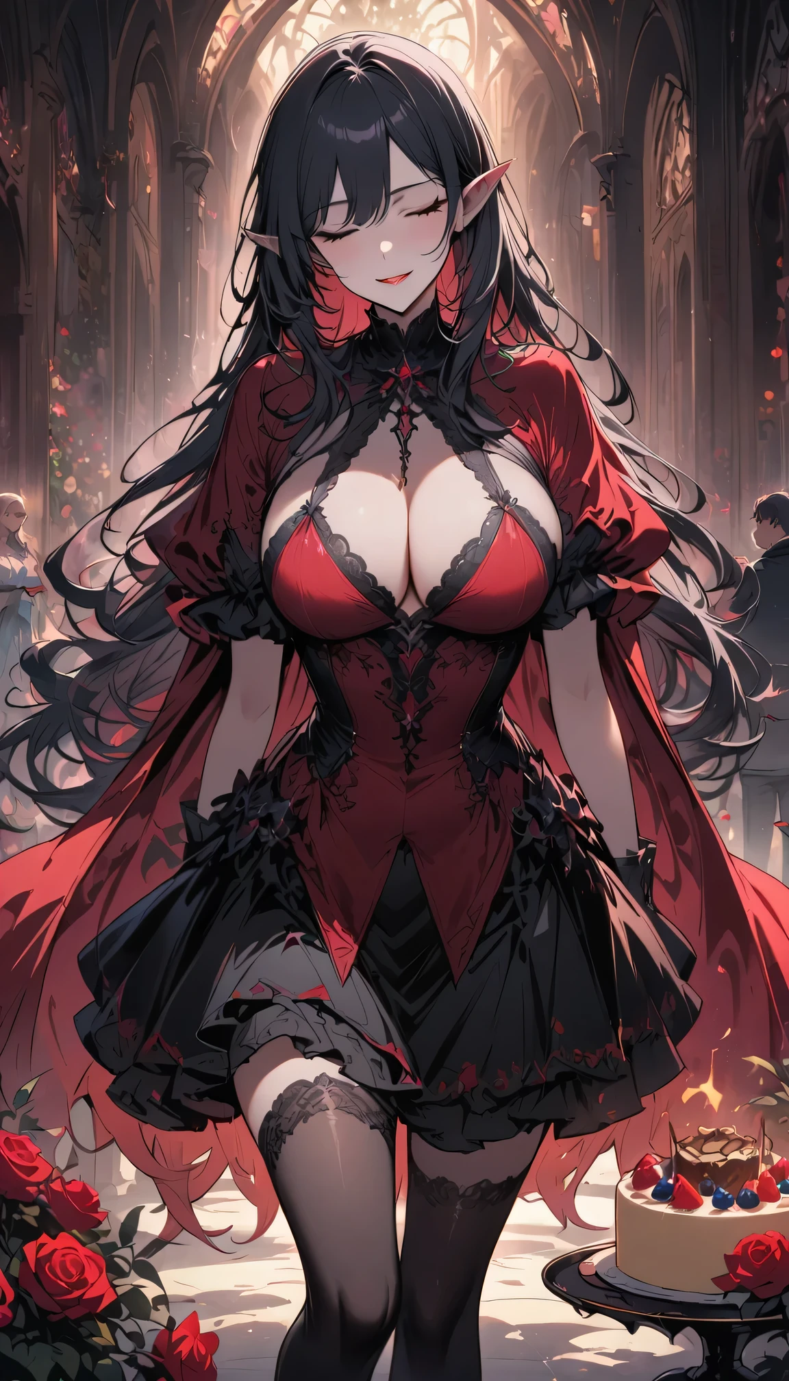 masterpiece, best quality,, GBF, black gloves, black stockings, cape, draft, gray hair, horn, Big breasts, long hair, pointed ears, mini skirt, Red dress,, indoor, cake, happy, eyes closed