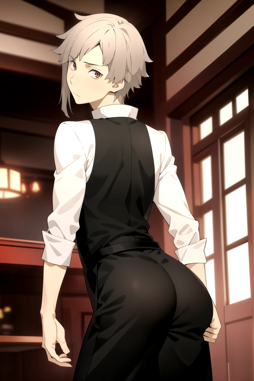 masterpiece, best quality, high quality, 1boy, solo, male focus, looking at viewer, nakajima_atsushi, grey hair, (dress: 1.2), hentai face,Taisho era, rear view, shows ass, butt 