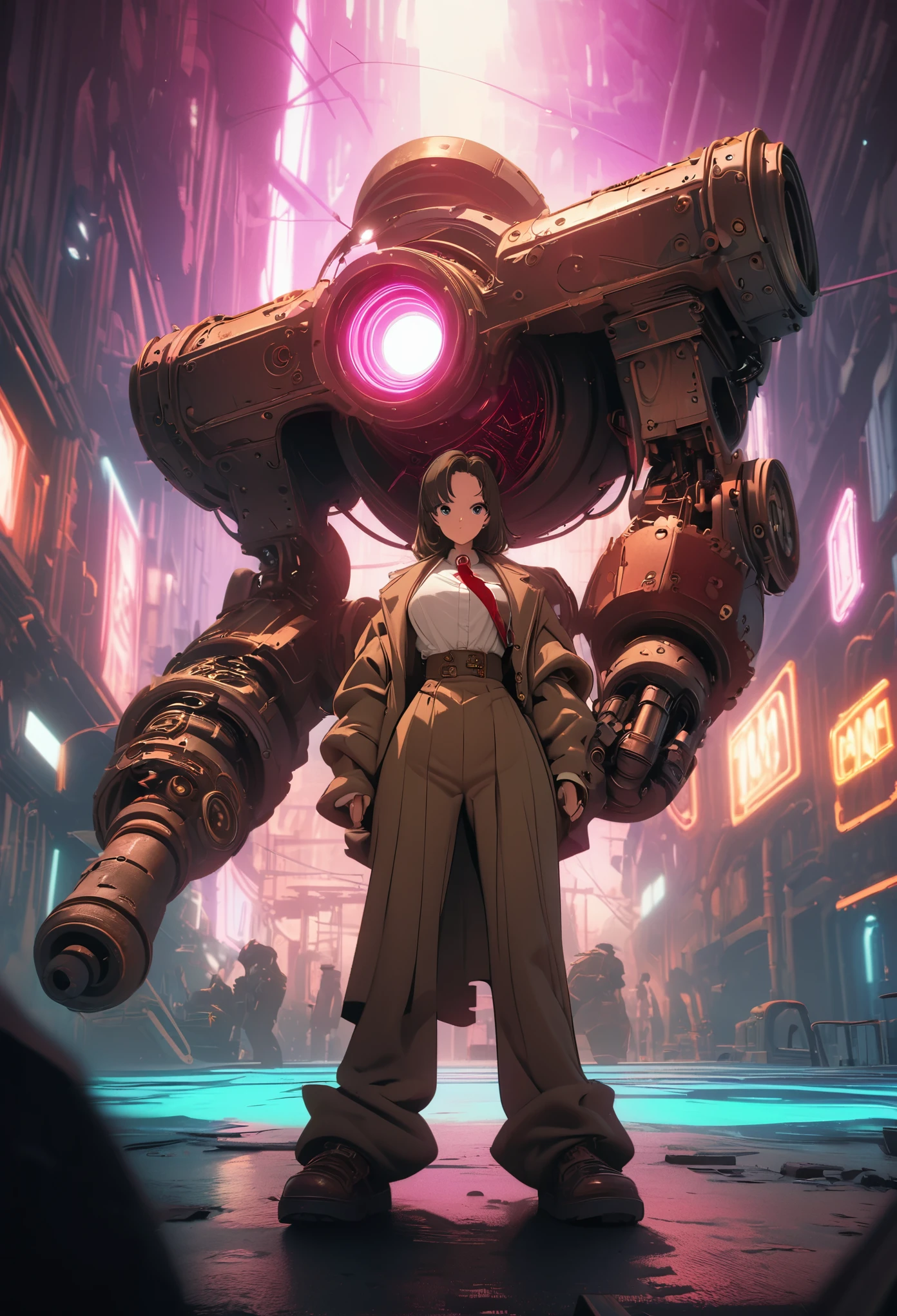 Steampunk,JK school uniform girl,Holding a huge mechanical sledgehammer,Beautiful,Glowing special effects,celluloid style,Flat coating,HD,CG art,comics,8K,looking into camera,high quality,illustration,Vaporwave style,rim light,movie lighting,Super detailed,complex,OC renderer,cinematic perspective,high resolution
