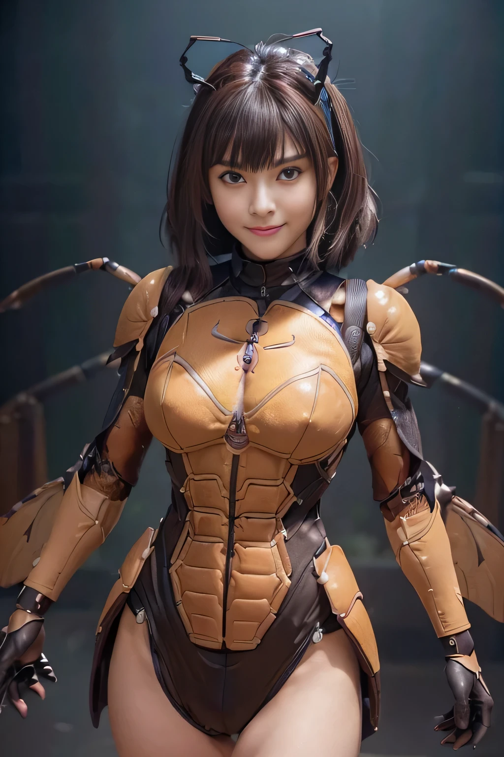 (high resolution,masterpiece,best quality,extremely detailed CG, anime, official art:1.4), realistic, photo, amazing fine details, all intricate, gloss and shiny,awesome many layers, 8k wall paper, 3d, sketch, kawaii, illustration,( solo:1.4), perfect female proportion,villainess, (fusion of dark brown cockroach and lady:1.4), (brown cockroach form lady:1.2), (brown cockroach lady:1.2), (fusion:1.2), (solo:1.4), (evil smile:1.2), muscular, abs, (cockroach brown exoskeleton bio insect suit:1.4), (cockroach brown exoskeleton bio insect armor:1.2), (brown transparency cockroach wing:1.4), (brown cockroach antennae:1.3),
