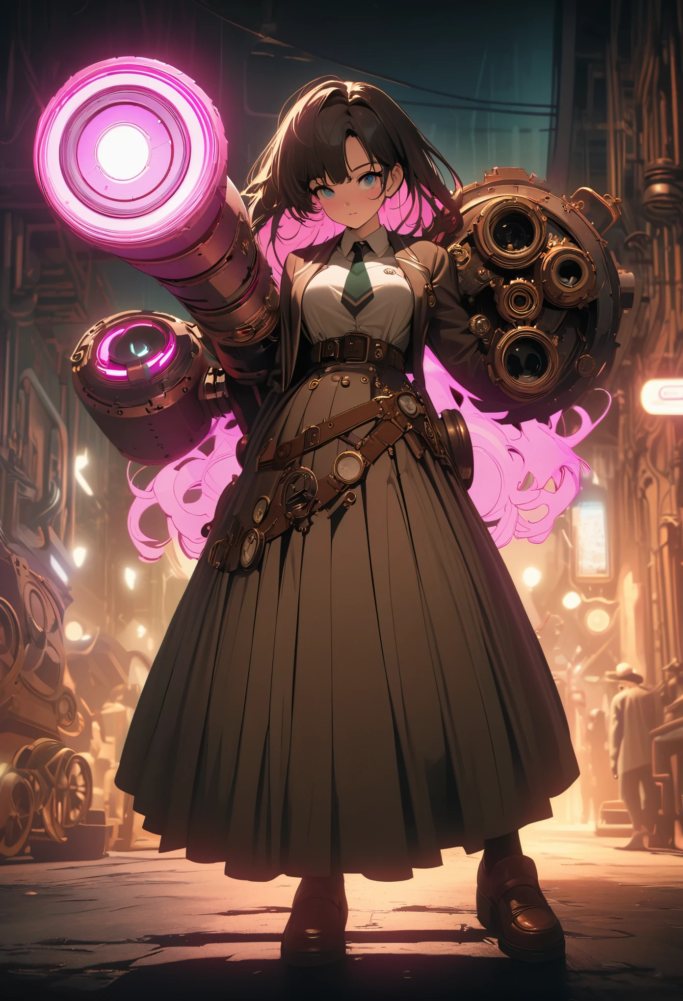 
Steampunk，JK school uniform girl，Holding a huge mechanical sledgehammer，Beautiful，Glowing special effects，celluloid style，Flat coating，HD，CG art，comics，8K，looking into camera，high quality，illustration，Vaporwave style，rim light，movie lighting，Super detailed，complex，OC renderer，cinematic perspective，high resolution
