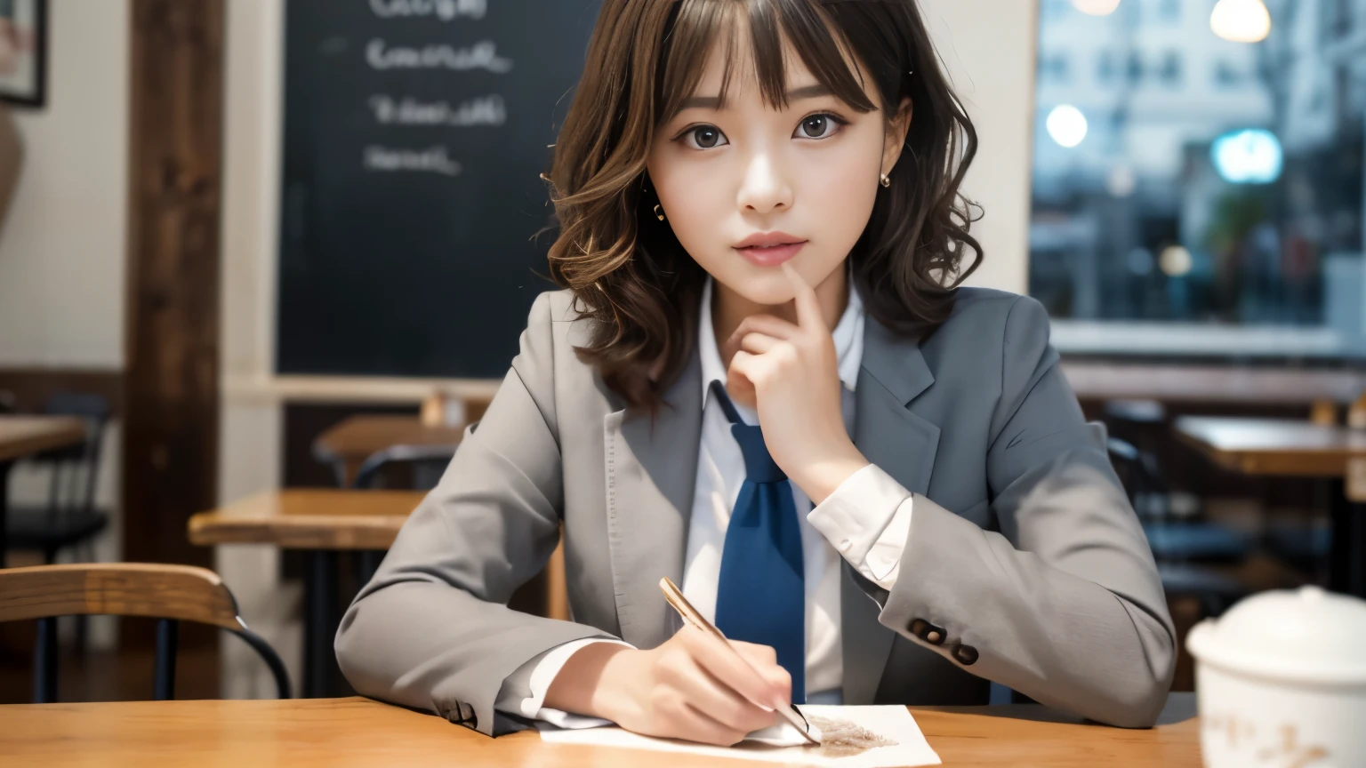 8K, highest quality, real image, intricate details, Super detailed, ultra high resolution, depth field,(realistic,realistic:1.2),table top , front shot , Photographed at a stylish cafe , girl, とても美しい17歳のgirl, innocent big eyes,、beautiful breasts:1.5、highly detailed eyes:1.2)、wavy hair、curly hair、bangs、, perfect skin, Fair skin, tight waist, light blush, look at the viewer,((School_uniform),(blazer), (white shirt、wear a tie), (gray pleated skirt), (sculpture installation :1.1), urban cafe space, Customers enjoying cafe around