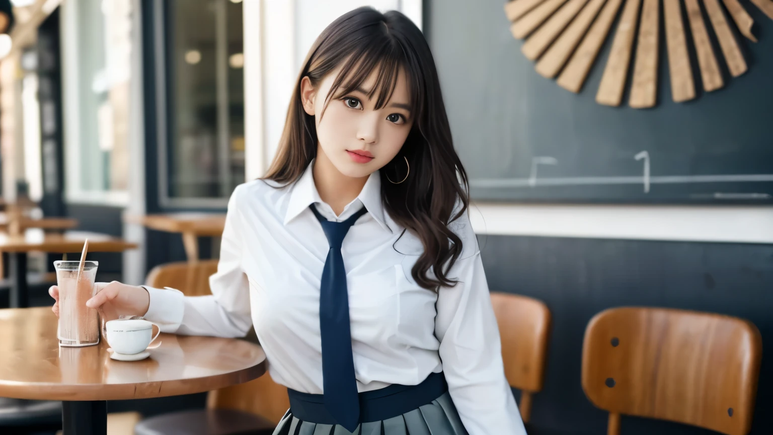 8K, highest quality, real image, intricate details, Super detailed, ultra high resolution, depth field,(realistic,realistic:1.2),table top , front shot , Photographed at a stylish cafe , girl, とても美しい17歳のgirl, innocent big eyes,、beautiful breasts:1.5、highly detailed eyes:1.2)、wavy hair、curly hair、bangs、, perfect skin, Fair skin, tight waist, light blush,  look at the viewer,((School_uniform),(blazer), (white shirt、wear a tie), (gray pleated skirt), (sculpture installation :1.1), urban cafe space, Customers enjoying cafe around