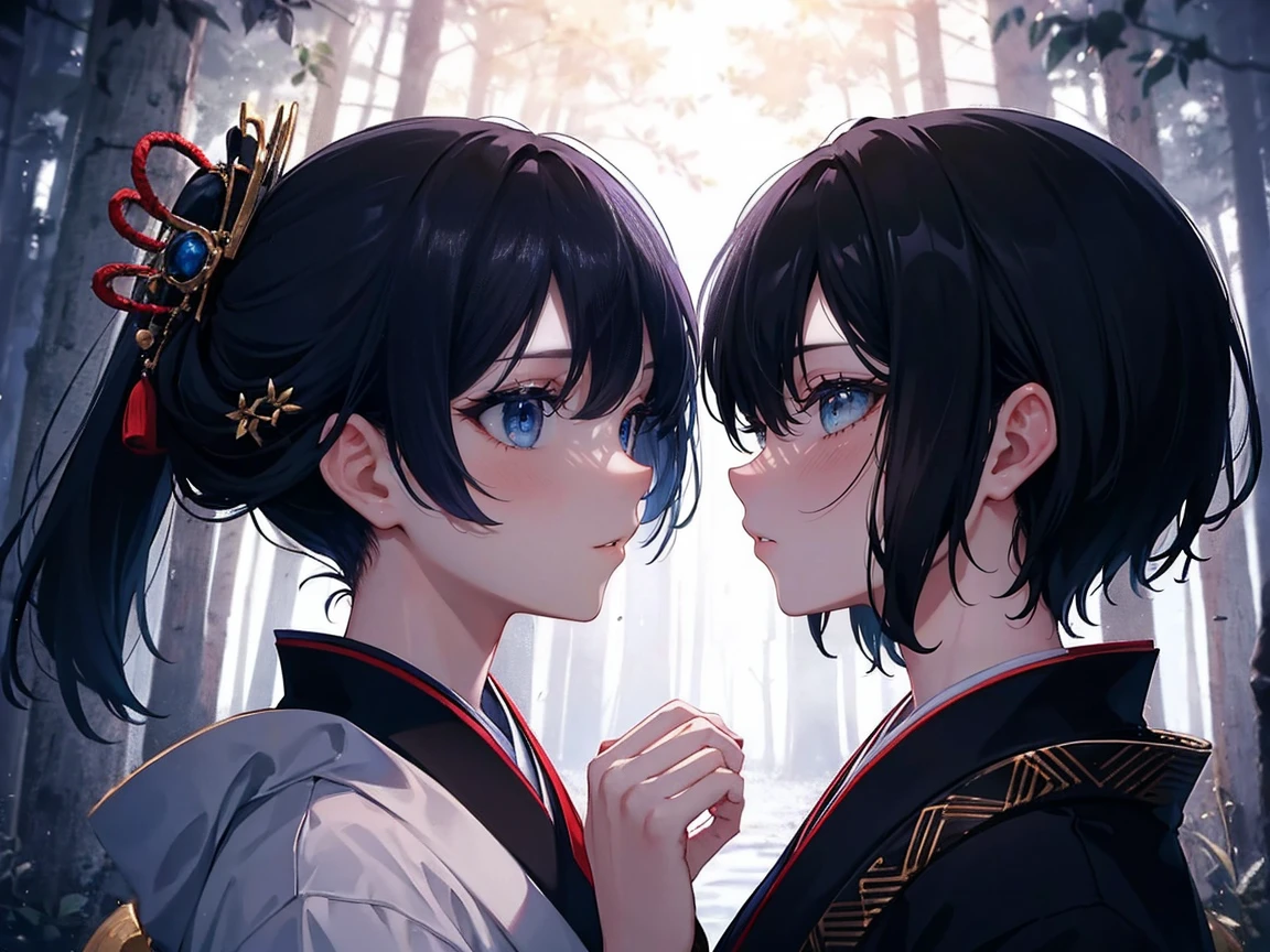 The scene captures a masterpiece of the highest quality, featuring a beautiful girl with black and navy hair, finely sculpted facial features, blue eyes, and fair skin, dressed in a traditional Japanese kimono. Her eyes sparkle in the darkness of the night, surrounded by an enchanting light reminiscent of a fresco painting, as she is on the verge of kissing a short-haired boy with red eyes, also with black hair, in a side profile shot amidst the forest.