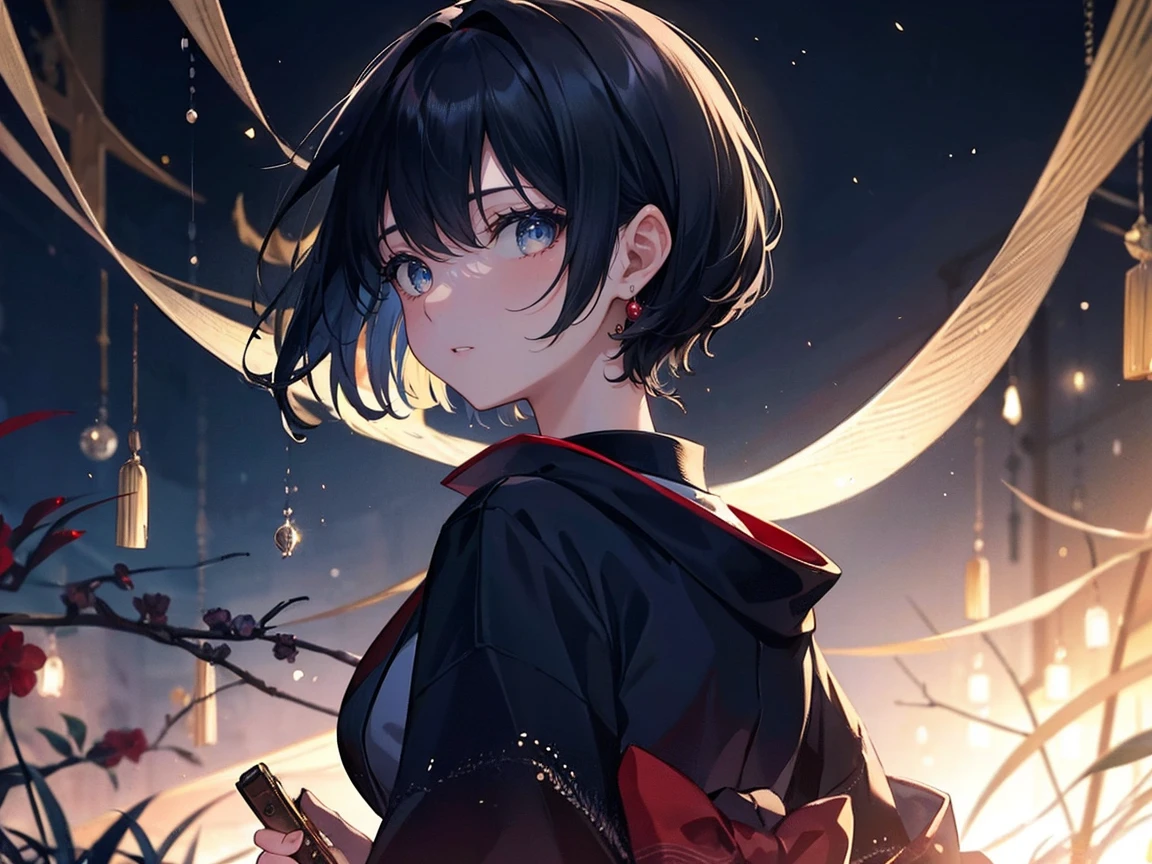 The scene captures a masterpiece of the highest quality, featuring a beautiful girl with black and navy hair, finely sculpted facial features, blue eyes, and fair skin, dressed in a traditional Japanese kimono. Her eyes sparkle in the darkness of the night, surrounded by an enchanting light reminiscent of a fresco painting, as she is on the verge of kissing a short-haired boy with red eyes, also with black hair, in a side profile shot amidst the forest.