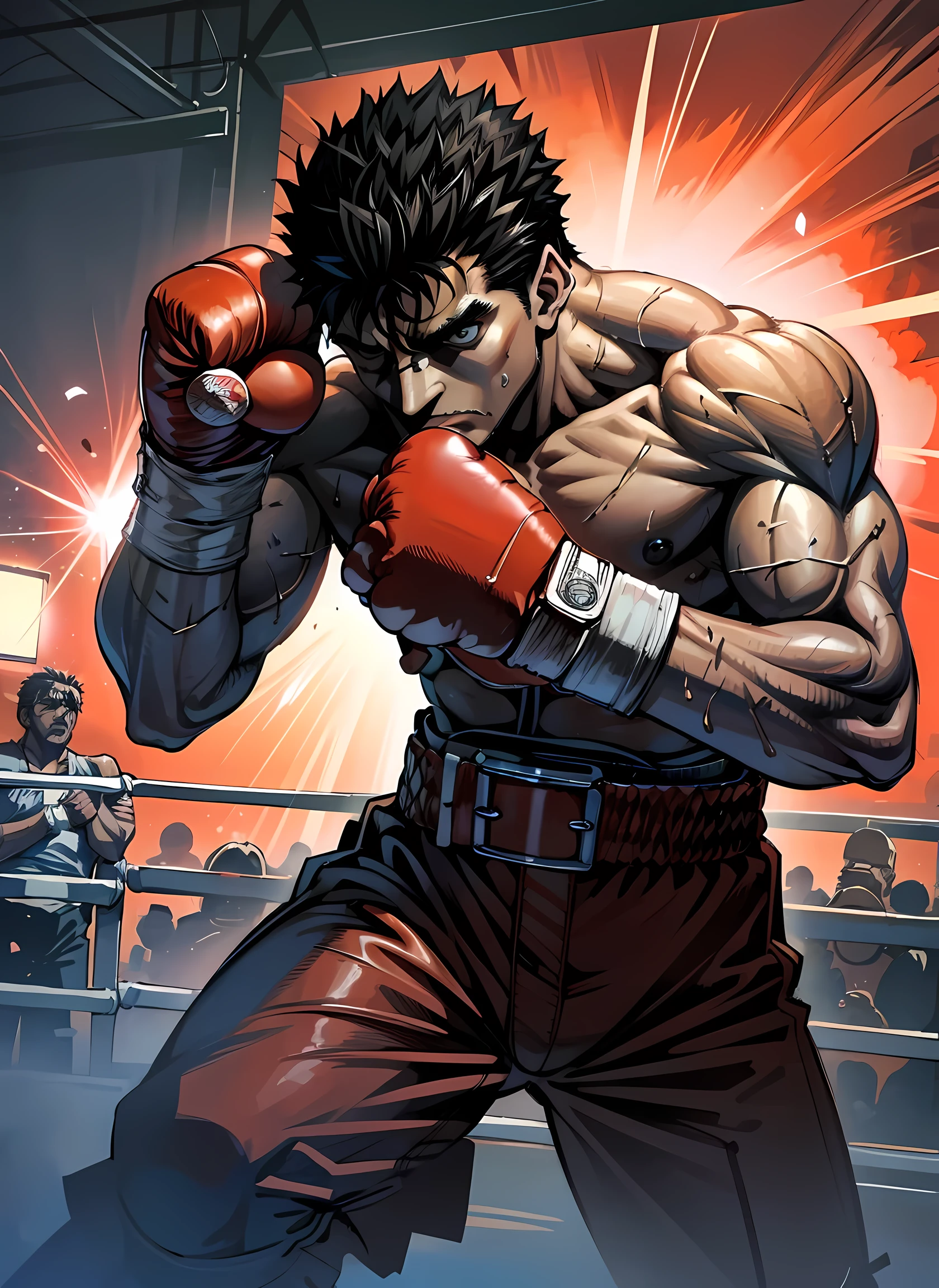 (best quality,highres,masterpiece:1.2),ultra-detailed, HDR,physically-based rendering,(realistic,photorealistic,photo-realistic:1.37), muscular boxer wearing red boxing gloves on both hands, displaying a confident and badass expression. The boxer is in a ready-to-fight pose, showcasing his strength and determination. The lighting highlights his muscular physique, with sharp focus on his chiseled features. The scene is set in a professional boxing ring, with studio lighting adding intensity to the atmosphere. The artwork is rendered in a dark and gritty style, with vibrant colors that accentuate the power and energy of the boxing match. (red boxing gloves:1.4), red top, anime art style, colored berserk manga art style
