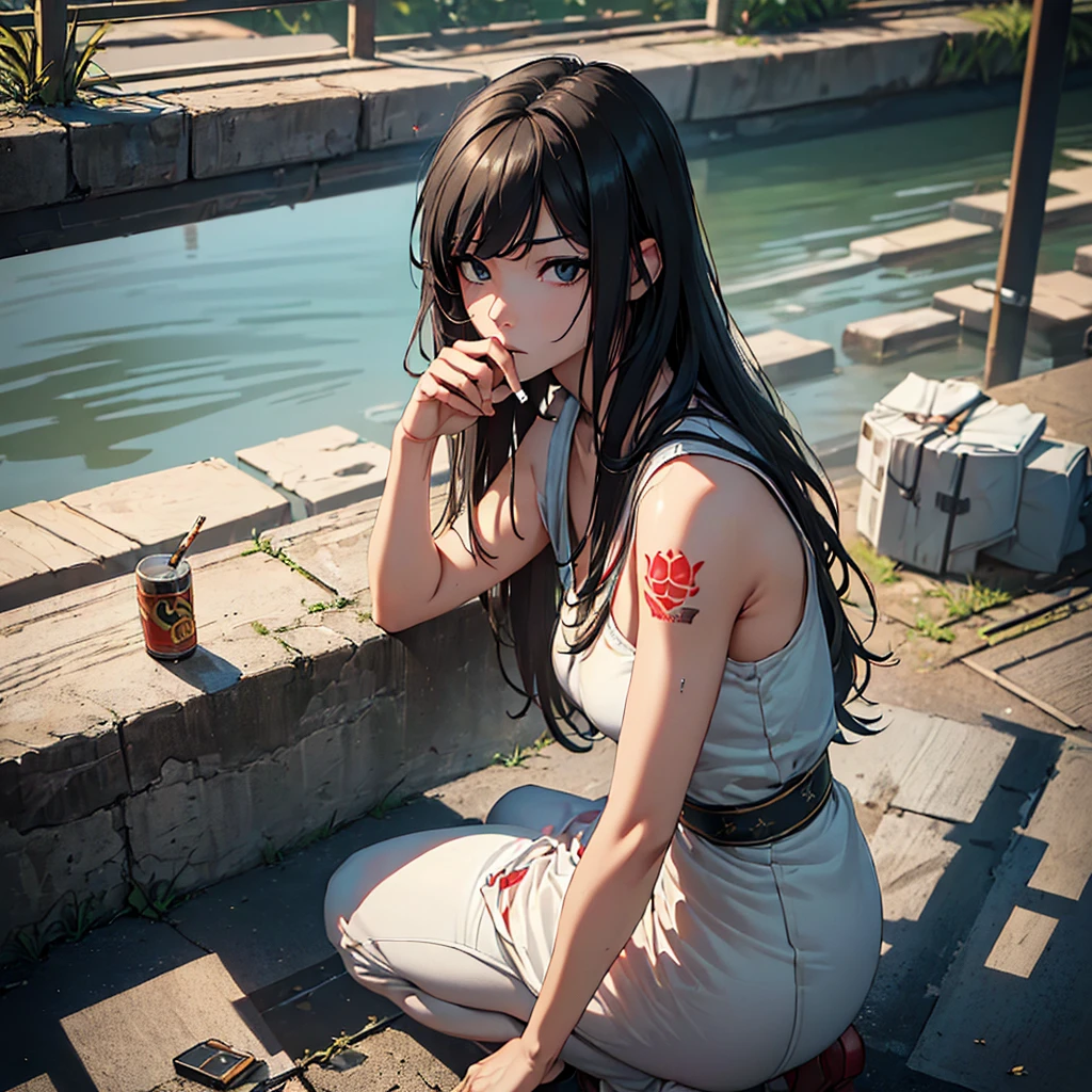(masterpiece、top-quality、hight resolution、Unity 8k、extremely details CG:1,Best Picture)、((intimidate、Smoking cigarettes, bad eye contact、Poorly dressed))、girls, rough attitude, drug taking、squatting、Night,nsfw、Cheap tattoos、((from above、pov))