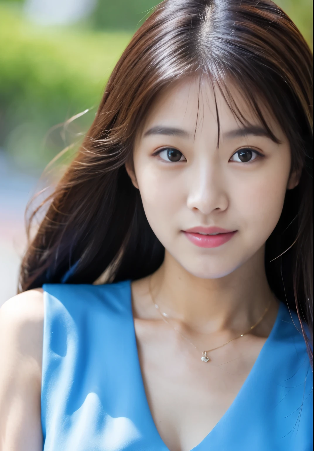 a close up of a woman with long hair wearing a blue top, beautiful south korean woman, korean girl, beautiful young korean woman, gorgeous young korean woman, korean woman, tzuyu from twice, beautiful asian girl, young adorable korean face, young cute wan asian face, jaeyeon nam, wan adorable korean face, chinese girl, portrait of female korean idol