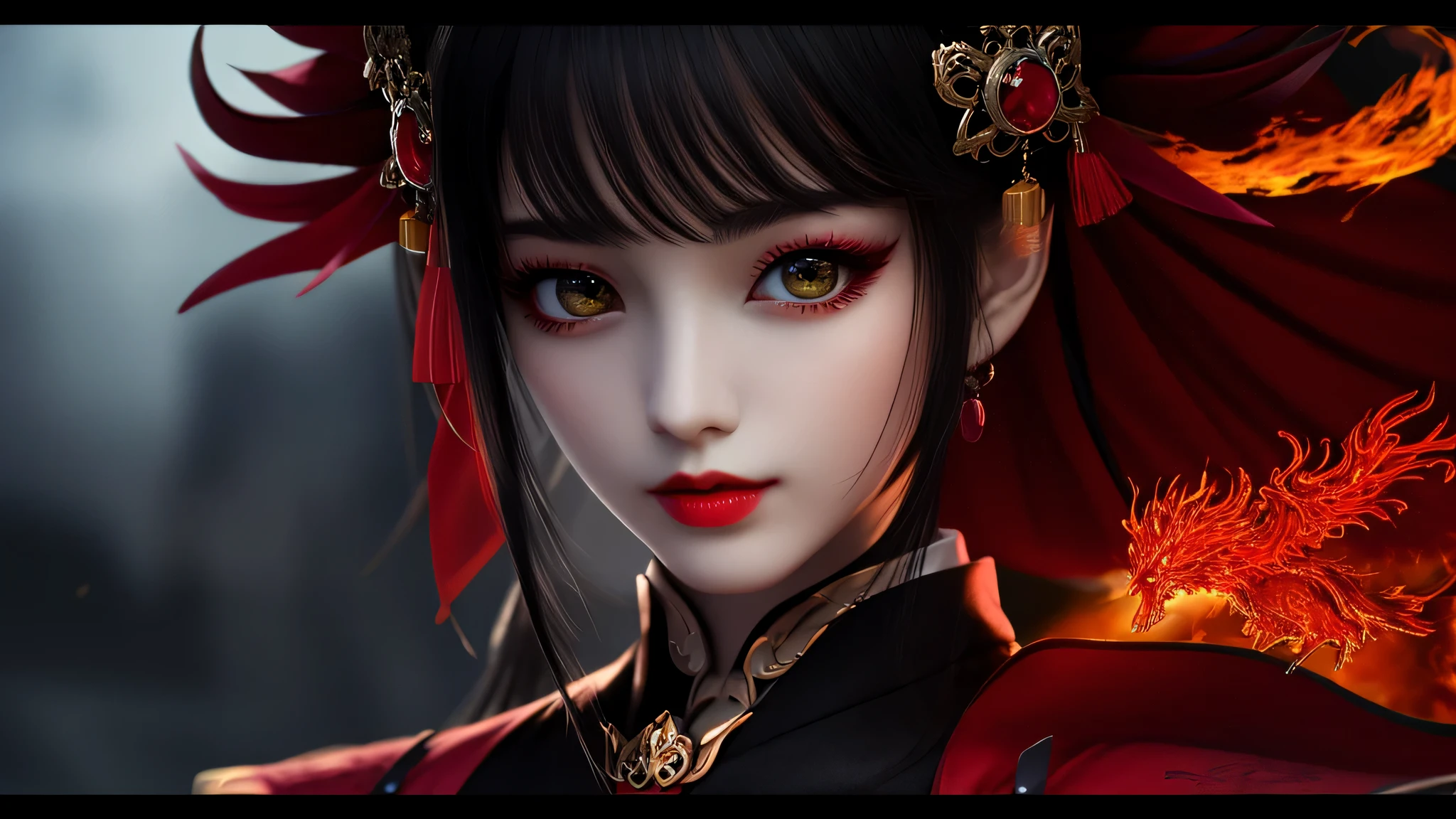 最high quality, masterpiece, High resolution, 1 girl, Hanfu, white and uniform teeth, chinese underwear, hair ornaments, necklace, jewelry, crown jewelry. cute face, Upper body, magic import style, Tyndall effect, realistic, Dark studio, border light, two tone light, (high detail skin: 1.2), 8K uhd, Digital single-lens reflex camera, soft light, high quality, volume light, Frank, photograph, High resolution, 4k, 8K, Bokeh, (pale pink lips), 1 Beautiful devil from hell, in the dark: 1.6), Surreal female portraits by David Hockney and Alphonse Mucha, fantasy art, photorealism, dynamic lighting, station art, poster, volume lighting, highly detailed face, super 8K, Award, in the dark, deep shadow, weak light, cowboy lens, (red phoenix dress: 1.4), long hair, black hair, bust, palace luxury, royal style, crown devil, Red eyes and very sharp and detailed makeup, best face, very large and round breasts, surreal, chinese women clothes, turtleneck polo shirt, cute smile, Beautiful eyes makeup, Gweiz, devil style, Black mesh stockings, ponytail with ribbon at the back, dark red lips, devil tattoo on shoulder, wearing a thin red and black shirt , cape, overcast and thundering landscape, (portrait), Close-up of the main character, (Background details 1.8),,perfect body,(Lie:1.3)