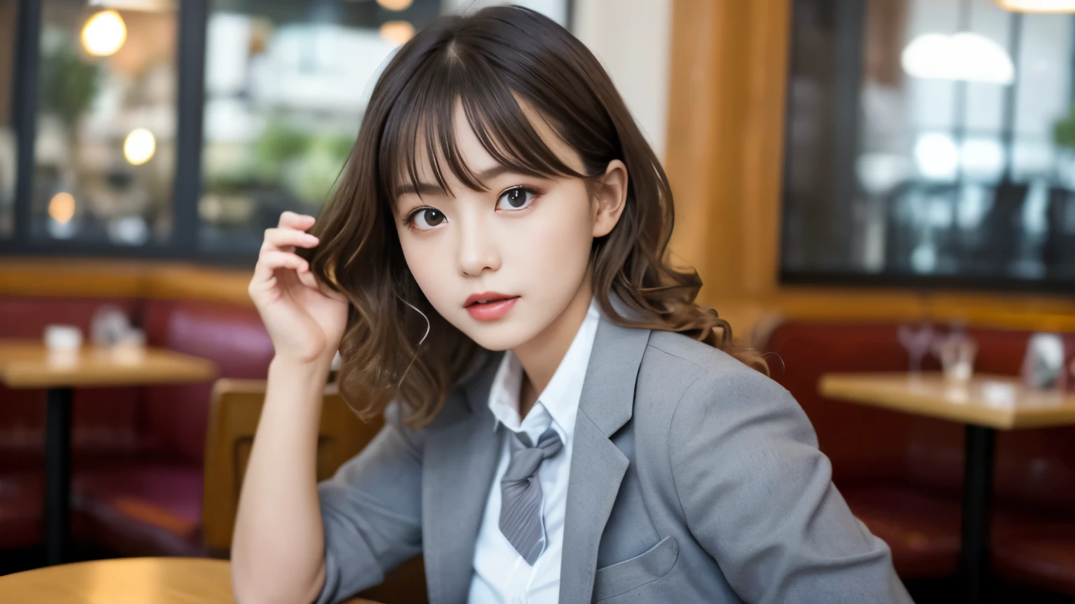 8K, highest quality, real image, intricate details, Super detailed, ultra high resolution, depth field,(realistic,realistic:1.2),table top , front shot , Photographed at a stylish cafe , girl, とても美しい17歳のgirl, innocent big eyes,、beautiful breasts:1.5、highly detailed eyes:1.2)、wavy hair、curly hair、bangs、, perfect skin, Fair skin, tight waist, light blush, look at the viewer,((School_uniform),(blazer), (white shirt、wear a tie), (gray pleated skirt), (sculpture installation :1.1), urban cafe space, Customers enjoying cafe around