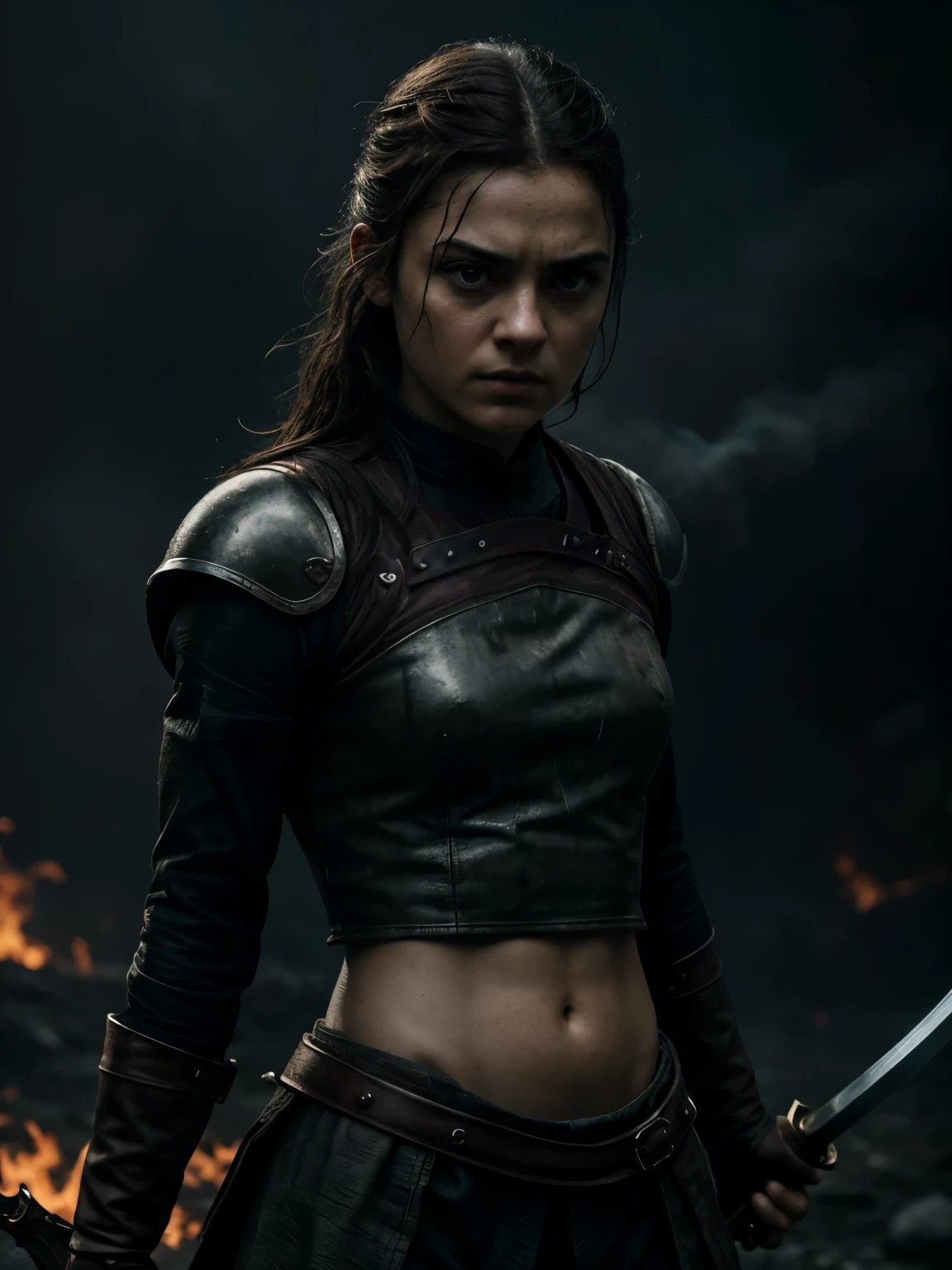 (best quality,4k,8k,highres,masterpiece:1.2),ultra-detailed,(realistic,photorealistic,photo-realistic:1.37),sword-wielding,ferocious,brave warrior,girl with a brave and determined expression,Arya Stark from Game of Thrones,detailed facial features,expressive eyes,sharp nose,fierce eyes,beautiful face,flowing hair,fine clothing and armor, round deep navel,powerful stance,confident posture,misty background,hint of smoke,fierce battle scene,warrior in action,heroic aura,gritty texture,strong contrast,vivid colors,highlights and shadows,stark contrast between light and dark,moody feel,mysterious lighting,dramatic composition,splashes of red and black,dynamic movement,strong presence,unforgettable,portrait of resilience and strength.