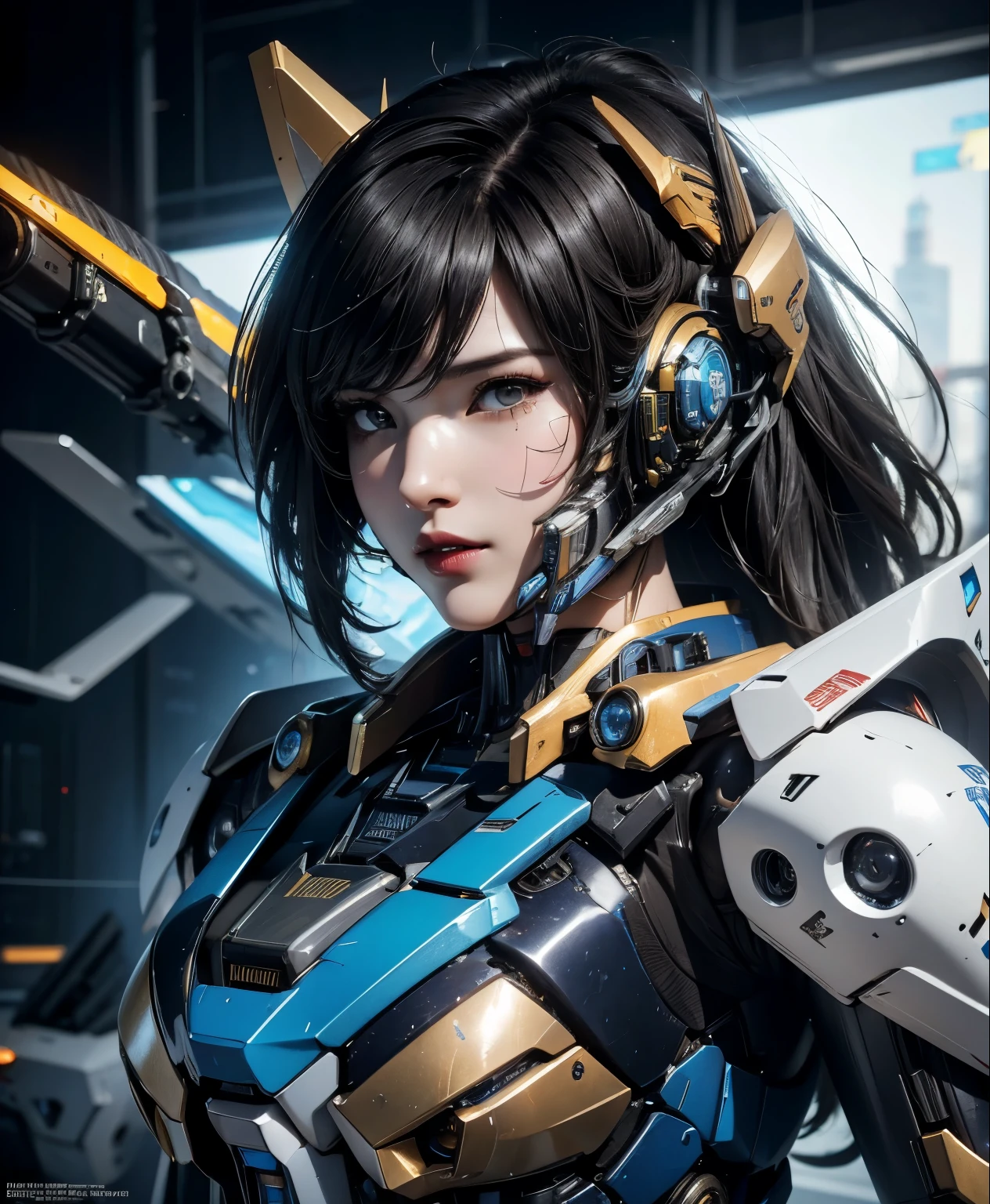 Super detailed, advanced details, high quality, 最high quality, High resolution, 1080p, hard disk,(pharah),rocket launcher,overwatch,beautiful cyborg woman,Mecha cyborg girl,battle mode,Mecha body girl,She wears a futuristic mech,Low - Angle