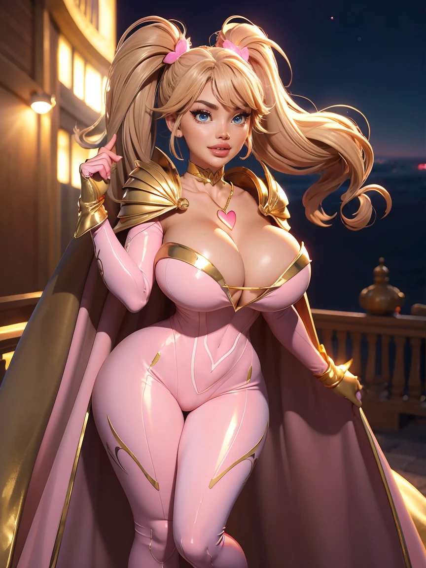 wavy blonde hair, pink highlights,pink thick lips, beautiful long legs, glowing skin, goofy smile,twintail, white bodysuit,((bodysuit with gold details)), gloves, golden neckline,full body standing,strapless dress,((heart shaped neck necklace)),city at night, on top of a building, watching like a hero,{((golden details throughout the costume))},),(((golde pointed shoulder pads up))), {{fullbody}},(((long cape on the coast))).