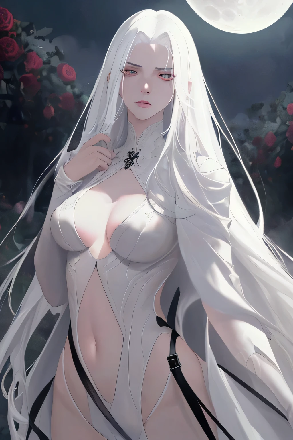 masterpiece, highest quality, (alone focus), (perfect face:1.1), (high detail:1.1), (highly detailed eyes), dramatic, A tall woman with white skin, voluminous white hair, White eyes, alone, long hair, Sephiroth, moon, night, white luxury suit, covered navel, swollen lips,  arrogant expression, rose garden, detailed background, Art by artgerm, cinematic lighting, Rose, fashion, balenciaga style