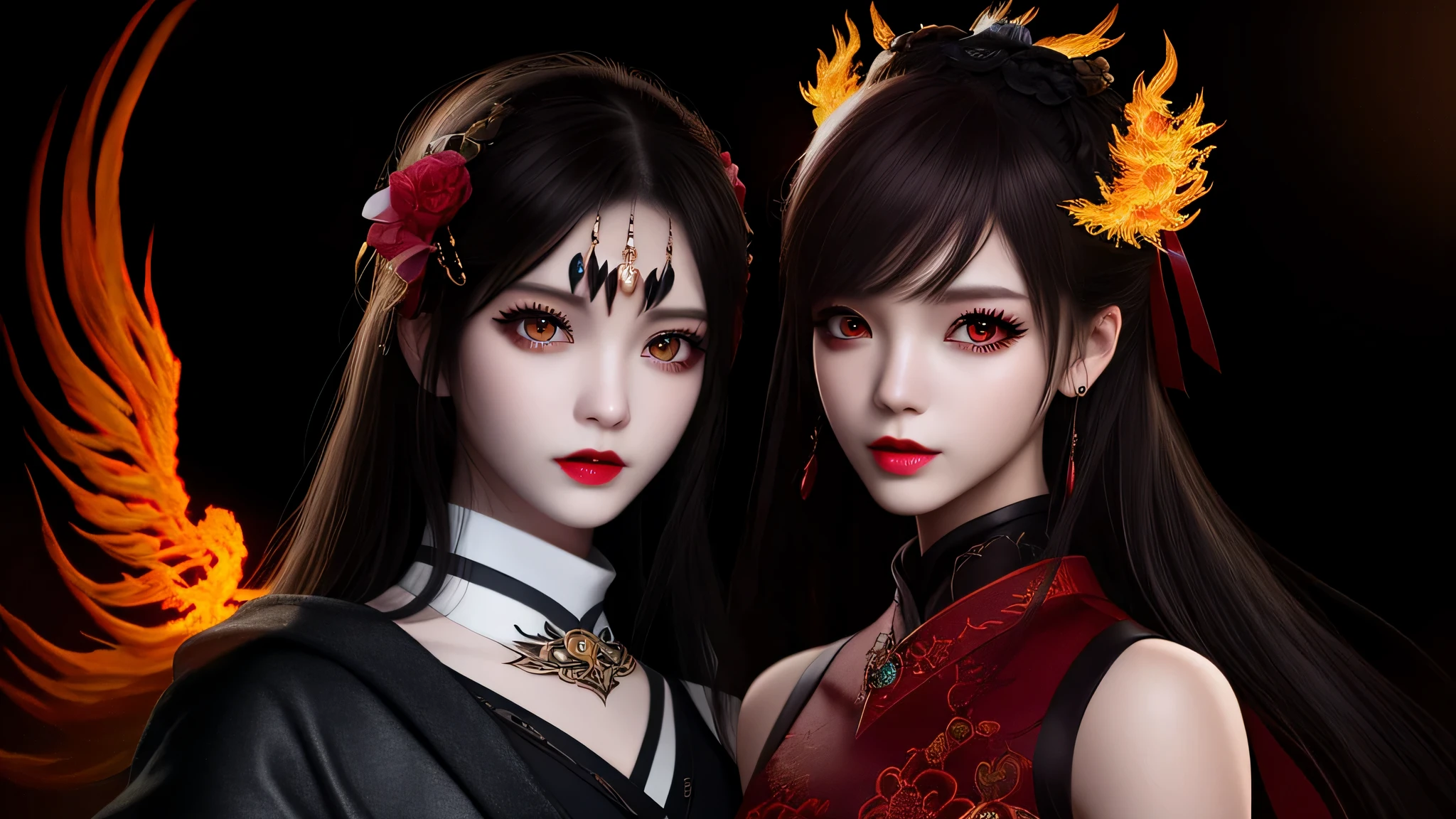 最high quality, masterpiece, High resolution, 1 girl, Hanfu, white and uniform teeth, chinese underwear, hair ornaments, necklace, jewelry, crown jewelry. cute face, Upper body, magic import style, Tyndall effect, realistic, Dark studio, border light, two tone light, (high detail skin: 1.2), 8K uhd, Digital single-lens reflex camera, soft light, high quality, volume light, Frank, photograph, High resolution, 4k, 8K, Bokeh, (pale pink lips), 1 Beautiful devil from hell, in the dark: 1.6), Surreal female portraits by David Hockney and Alphonse Mucha, fantasy art, photorealism, dynamic lighting, station art, poster, volume lighting, highly detailed face, super 8K, Award, in the dark, deep shadow, weak light, cowboy lens, (red phoenix dress: 1.4), long hair, black hair, bust, palace luxury, royal style, crown devil, Red eyes and very sharp and detailed makeup, best face, very large and round breasts, surreal, chinese women clothes, turtleneck polo shirt, cute smile, Beautiful eyes makeup, Gweiz, devil style, Black mesh stockings, ponytail with ribbon at the back, dark red lips, devil tattoo on shoulder, wearing a thin red and black shirt , cape, overcast and thundering landscape, (portrait), Close-up of the main character, (Background details 1.8),,perfect body,(Lie:1.3)