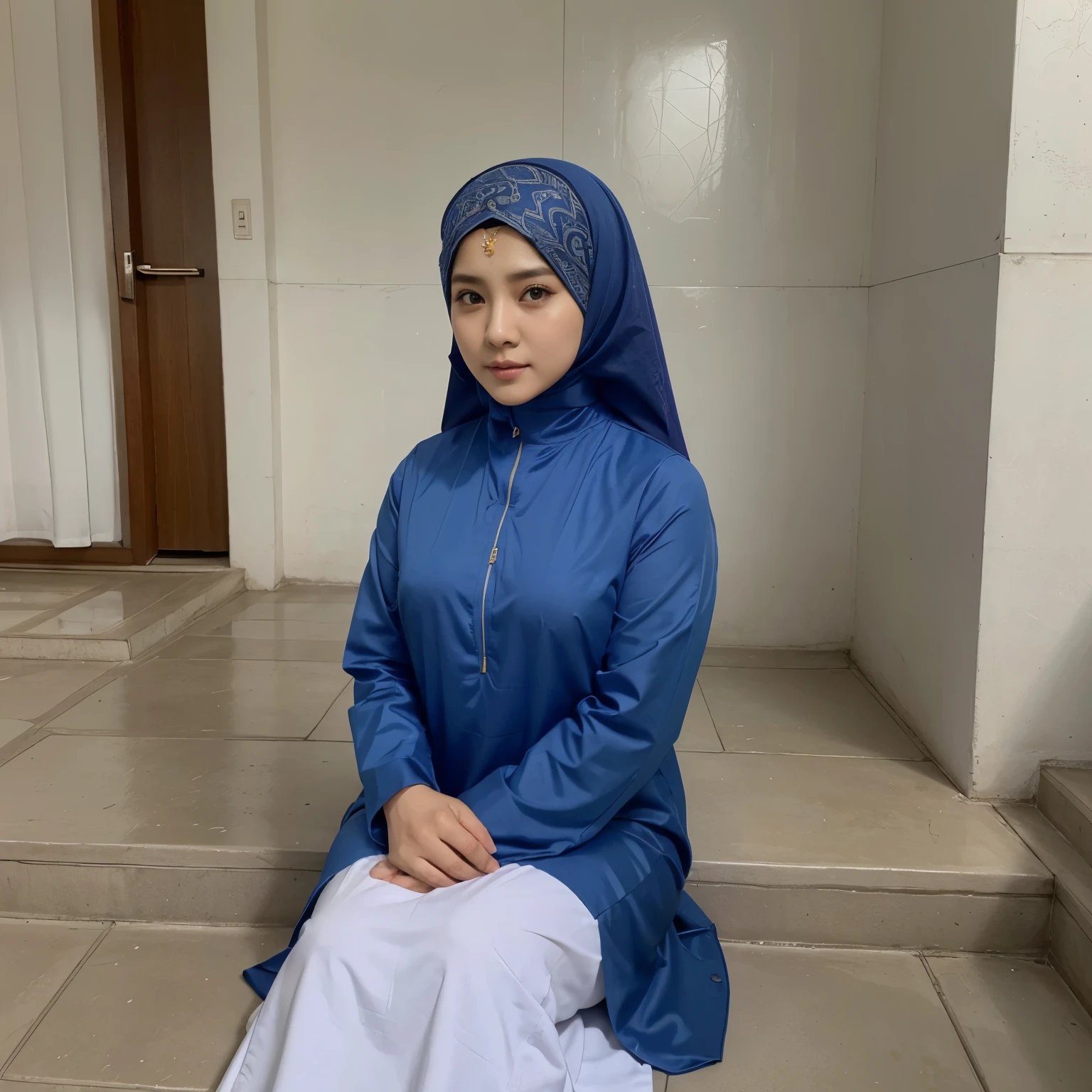 Wanita cantik, gamis biru muda, muka korea, senyum manis, di depan masjid,wanita tersebut memegang Al Qur'an,hijab putih , kartun