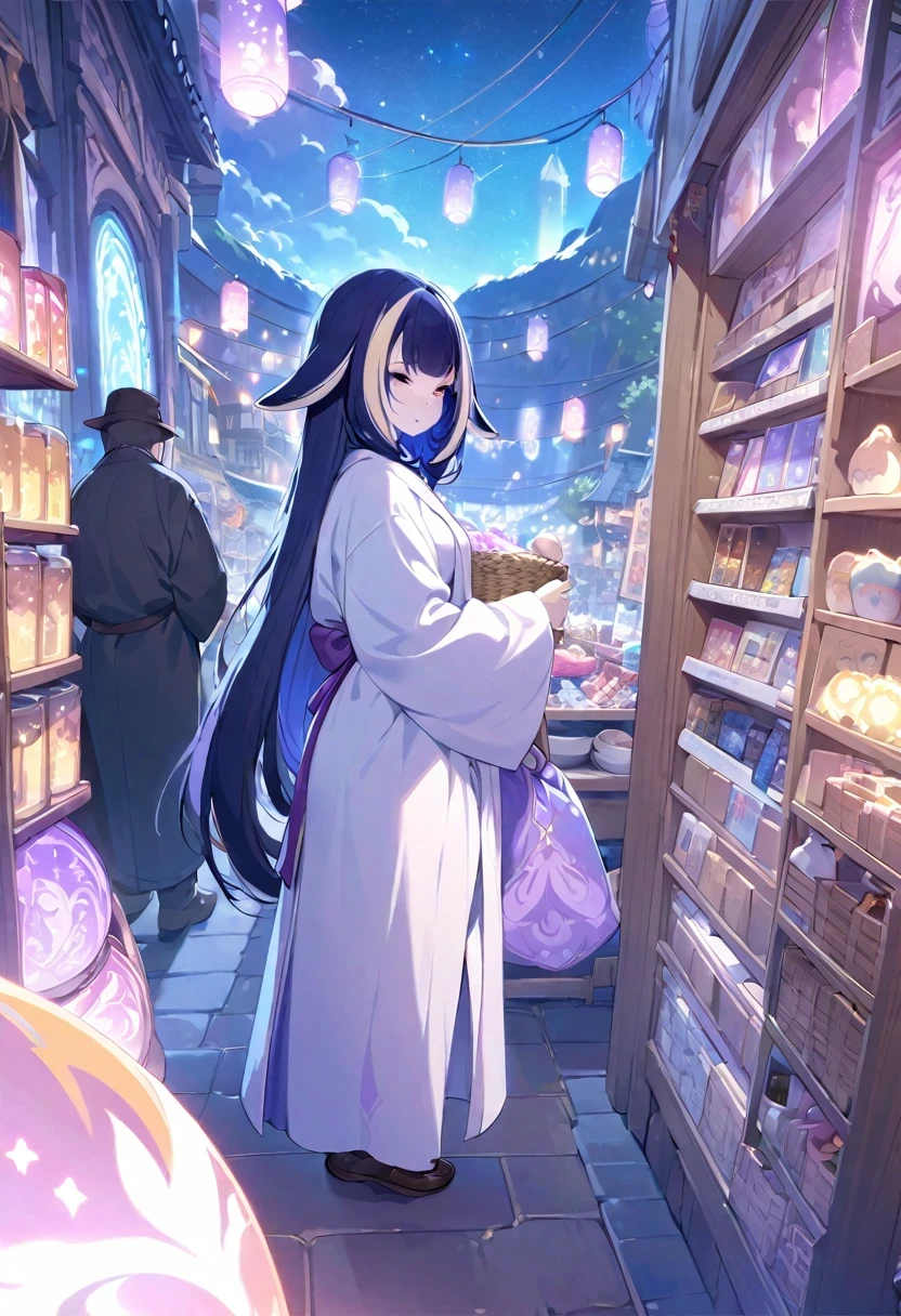 (((shylily))), fantasy world,view from faraway,Cute female merchant selling magical items in a busy market,fantasic world,wearing robe,many goods display,masterpiece,soft line,cute face,(extremely delicate and beautiful work), ((masuter piece)), (Best Quality) (detailed art),(very detailed),beautiful face,wearing robe,many light floating,midnight,colorful art,(((soft line drawing)))