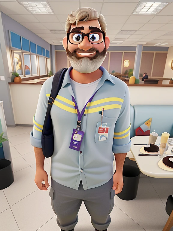 Poster not in the Disney Pixar style, alta qualidade, melhor qualidade, homem sexy branco, 30 anos cabelo grisalho barba preta, musculoso, com fundo em um restaurante a luz de velas