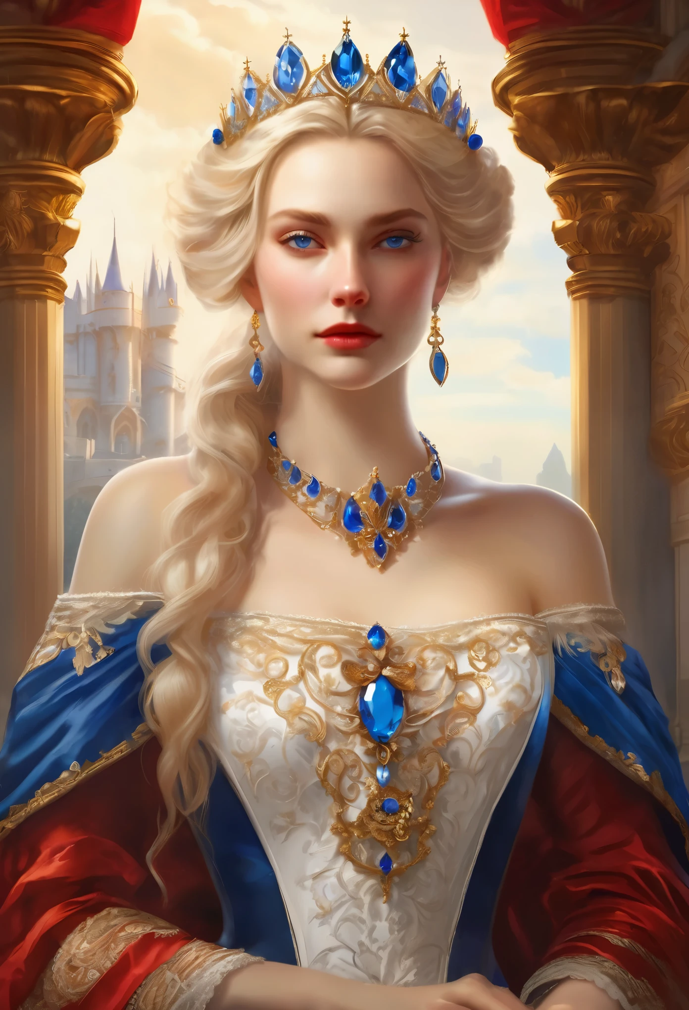Fantasy, 19th century, empress, woman, delicate face, pale blonde hair, blue eyes, in a white royal dress with open shoulders, gold patterns on fabric, crystal jewelry, with a scarlet ribbon over the shoulder with the regalia of the monarch, Gothic castle made of white stone on the background, light, day, hd