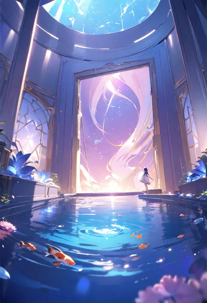 (((shylily))),(Masterpiece:1.2, high quality), (pixiv:1.4), ,fansty world,  {{{best quality}}}, {{ultra-detailed}}, {illustration}, 1man, cinematic angle, {detailed light},cinematic lighting.  standing near koi fish pool. There's koi fish inside the pool