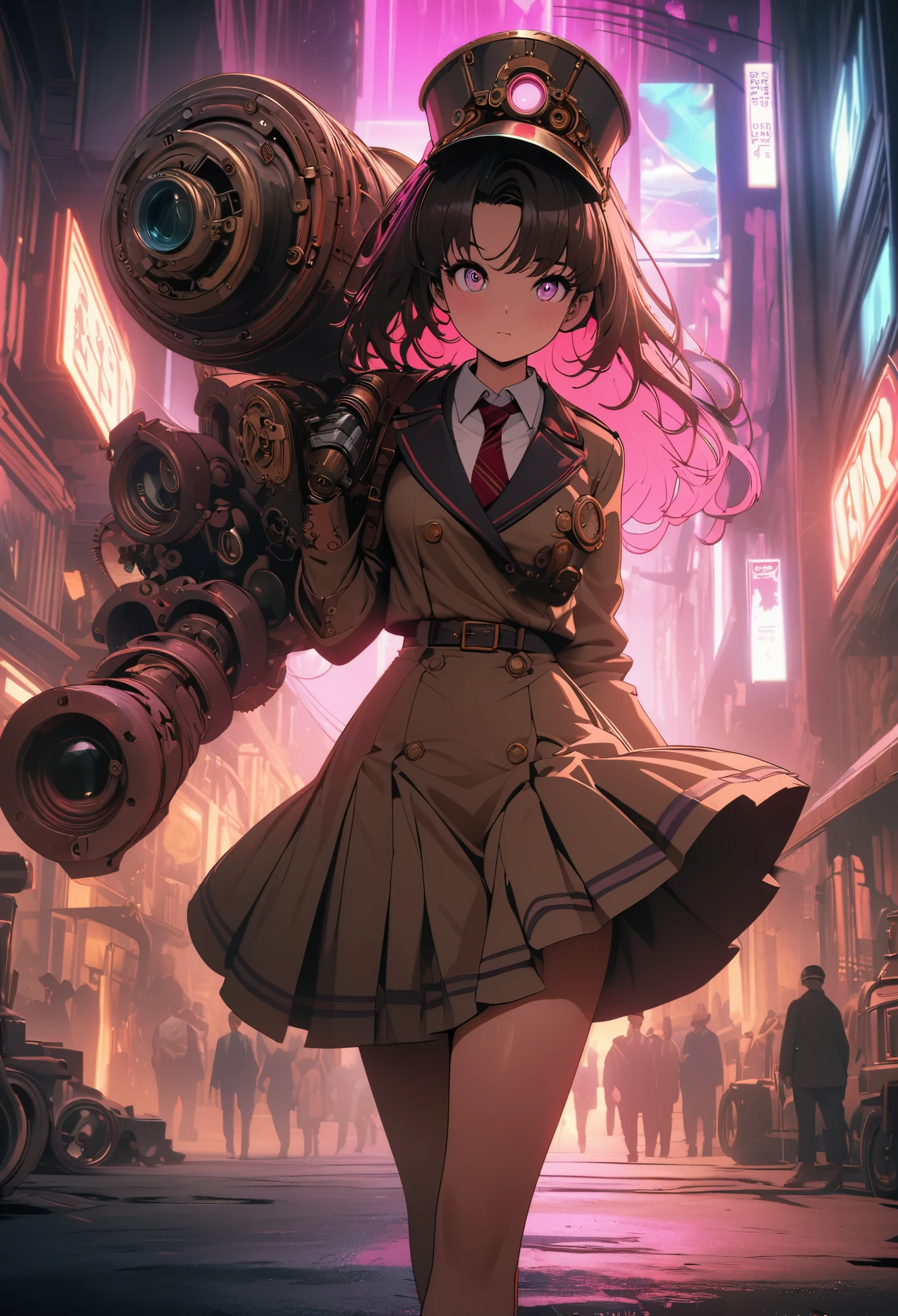 Steampunk,JK school uniform girl,Holding a huge mechanical sledgehammer,Beautiful,Glowing special effects,celluloid style,Flat coating,HD,CG art,comics,8K,looking into camera,high quality,illustration,Vaporwave style,rim light,movie lighting,Super detailed,complex,OC renderer,cinematic perspective,high resolution