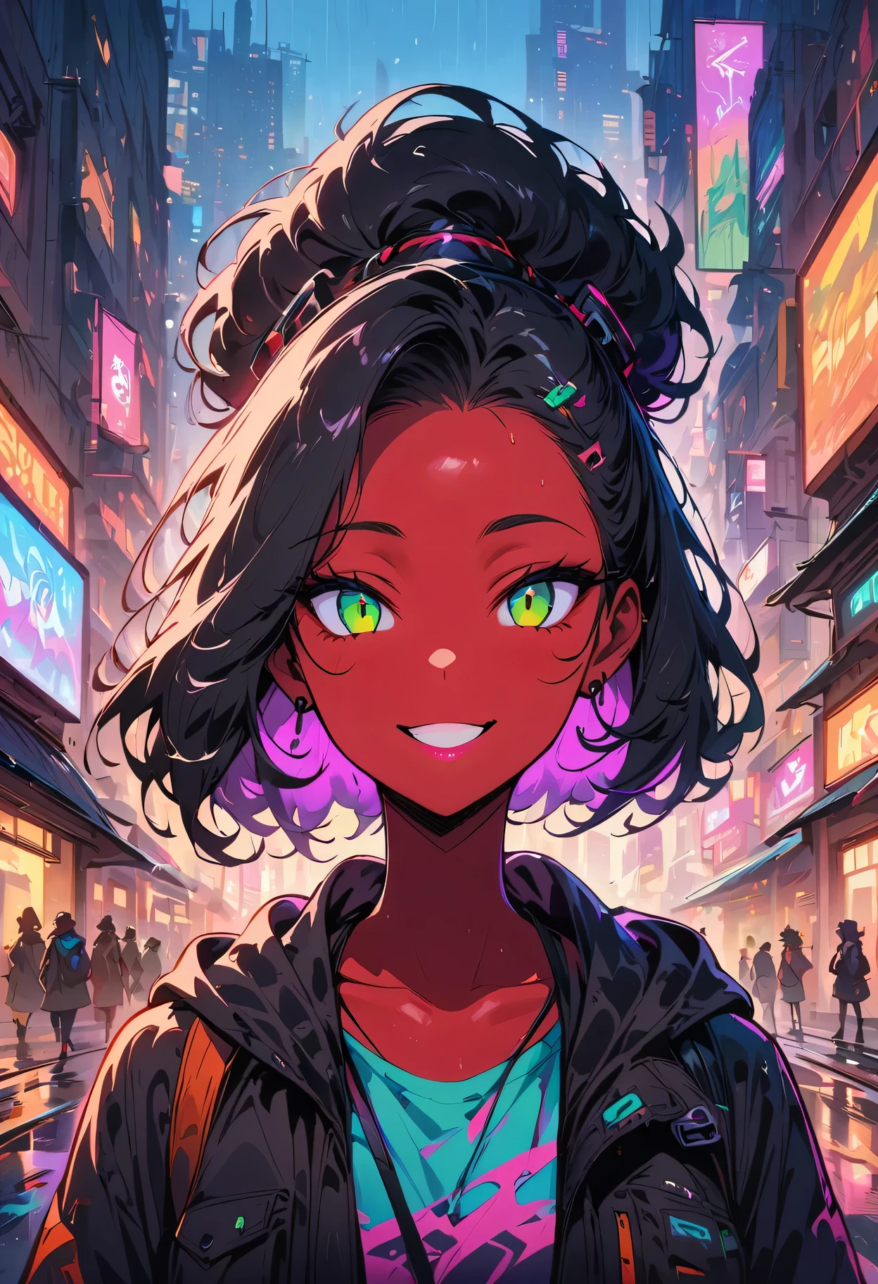 (masterpiece, fair, high resolution), illustration, 1 girl, alone, (((cartoon style: 1))), (western cartoon), horned devil, portrait, Smile, Black anime medium and short hair, Lovely, pink lips, red eyess, Young woman, Cyberpunk streetwear, Rainy days, city View, red skin, looking at the audience, bright colors, daytime, ((front: 3)), Keep your mouth shut, thick line draft: 0.6, red eyes, Green eyes, smug, slender eyes