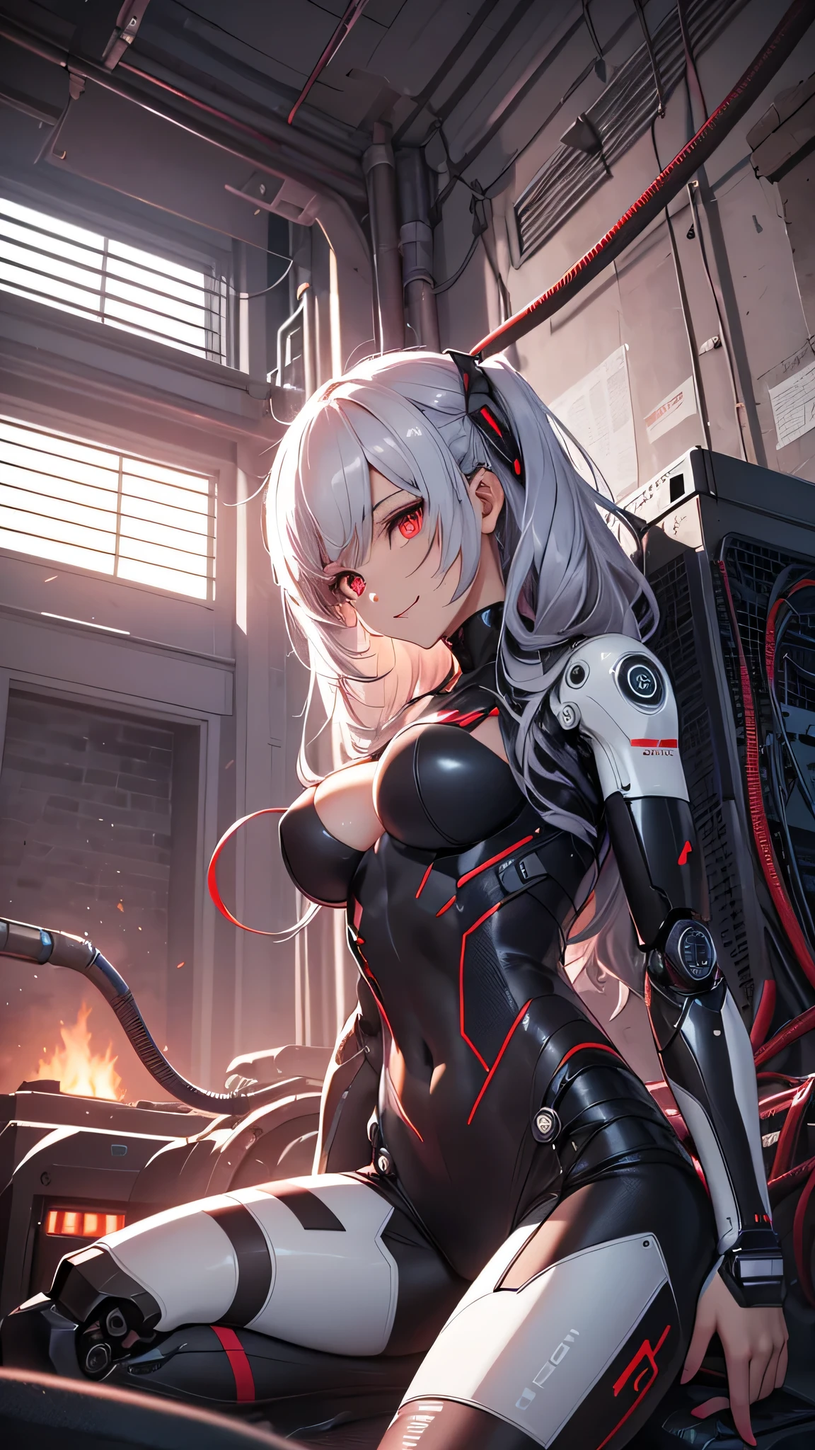 最high quality、best image quality、masterpiece、android girl((18-year-old、 By becoming、vest bust、medium bust,wide open breast tea、red glowing eyes, water hair、messy hair、long hair、thin,highest valley、white robot body、shining blue body、Close ~ eyes、All connected to cables、Show the whole body、robot arm、robot feet、villain、evil smile、sit、open the thighs)),high quality、beautiful art、background((dark bio facility、dark room、Infrared Sensor、red lighting))、Flight、debris flies、Depth of written boundary、movie、visual art、perfect art、8K,genuine、