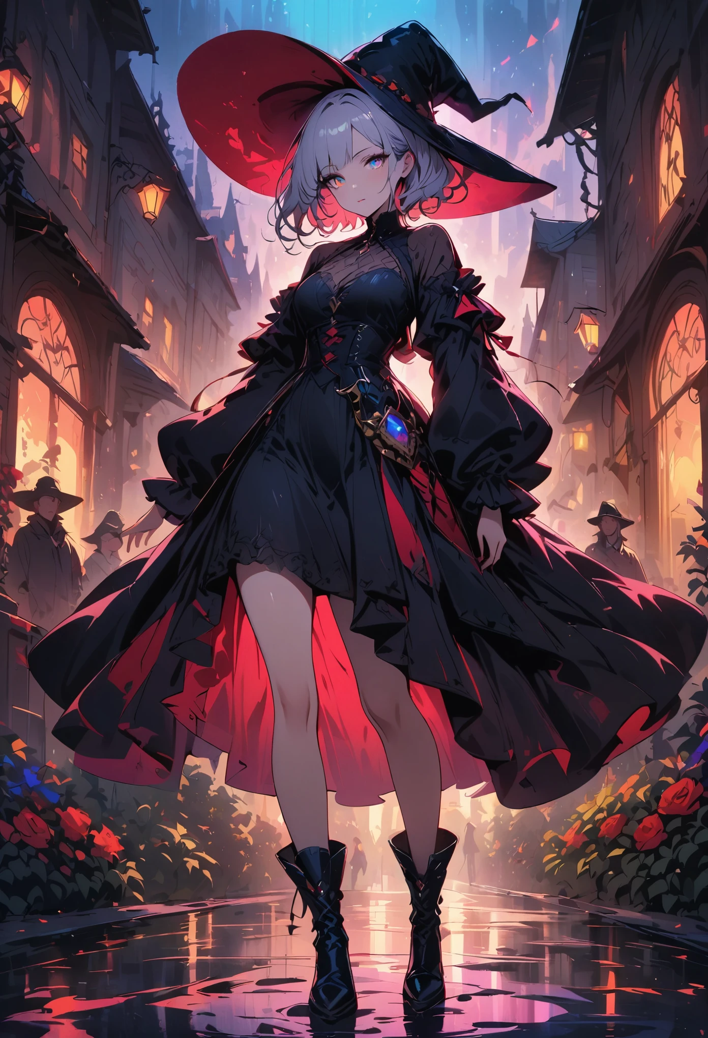 (masterpiece), (artwork), (amazing job), (delicate eyes), (delicate skin), (heterochromatic eyes), (colorful), (Short hair with bangs and white hair), (Bright Eyes), (1 girl) With a witch's hat, 古old, old, Dress in extravagant medieval costumes, masterpiece, best quality, best designer, Best Illustration