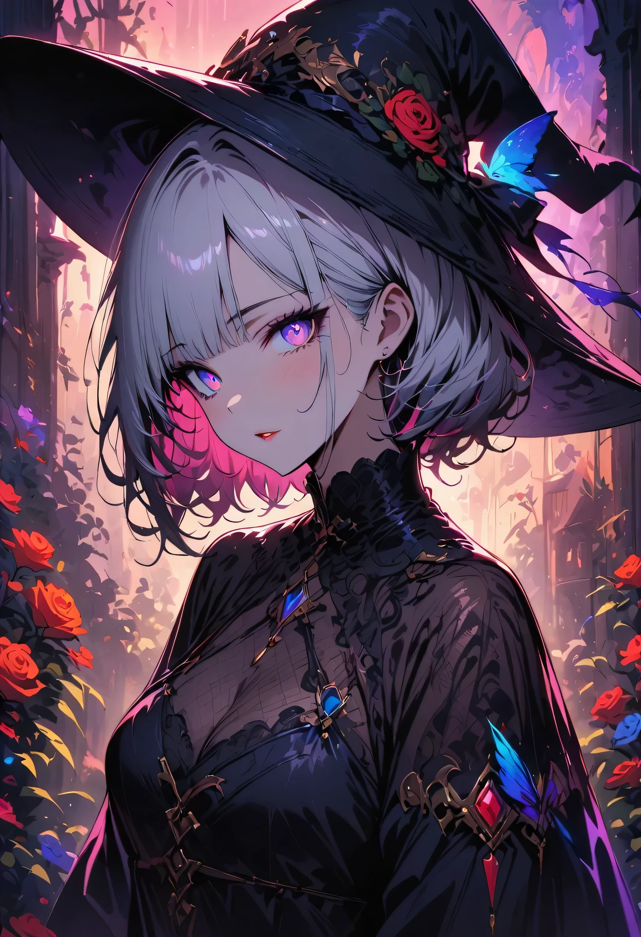 (masterpiece), (artwork), (amazing job), (delicate eyes), (delicate skin), (heterochromatic eyes), (colorful), (Short hair with bangs and white hair), (Bright Eyes), (1 girl) With a witch's hat, 古old, old, Dress in extravagant medieval costumes, masterpiece, best quality, best designer, Best Illustration