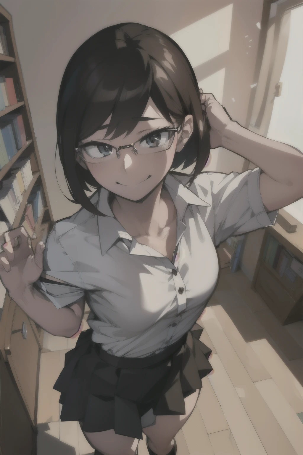 { masterpiece : best quality : high resolution : unity 8k wallpaper : realistic 3d illustration } { nsfw : hentai } { Background = library } { Nerd Teenager : dark brown short hair : glasses : perfect slender body : perfectly small shape breast : white collar shirt : black skirt : shy : shy smile }