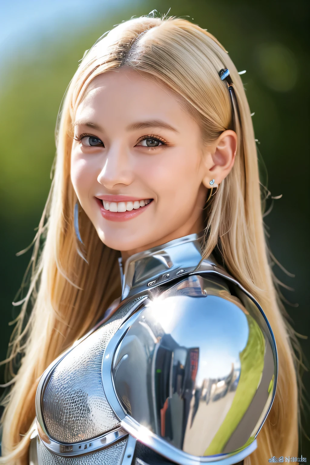 ８Ｋ、highest quality、female knight、The background is a castle、Luxurious Silver Armor、heavy equipment、smile、beautiful teeth、full body photo、ear piercing、white woman、blonde、blue eyes、Gummy Smile

