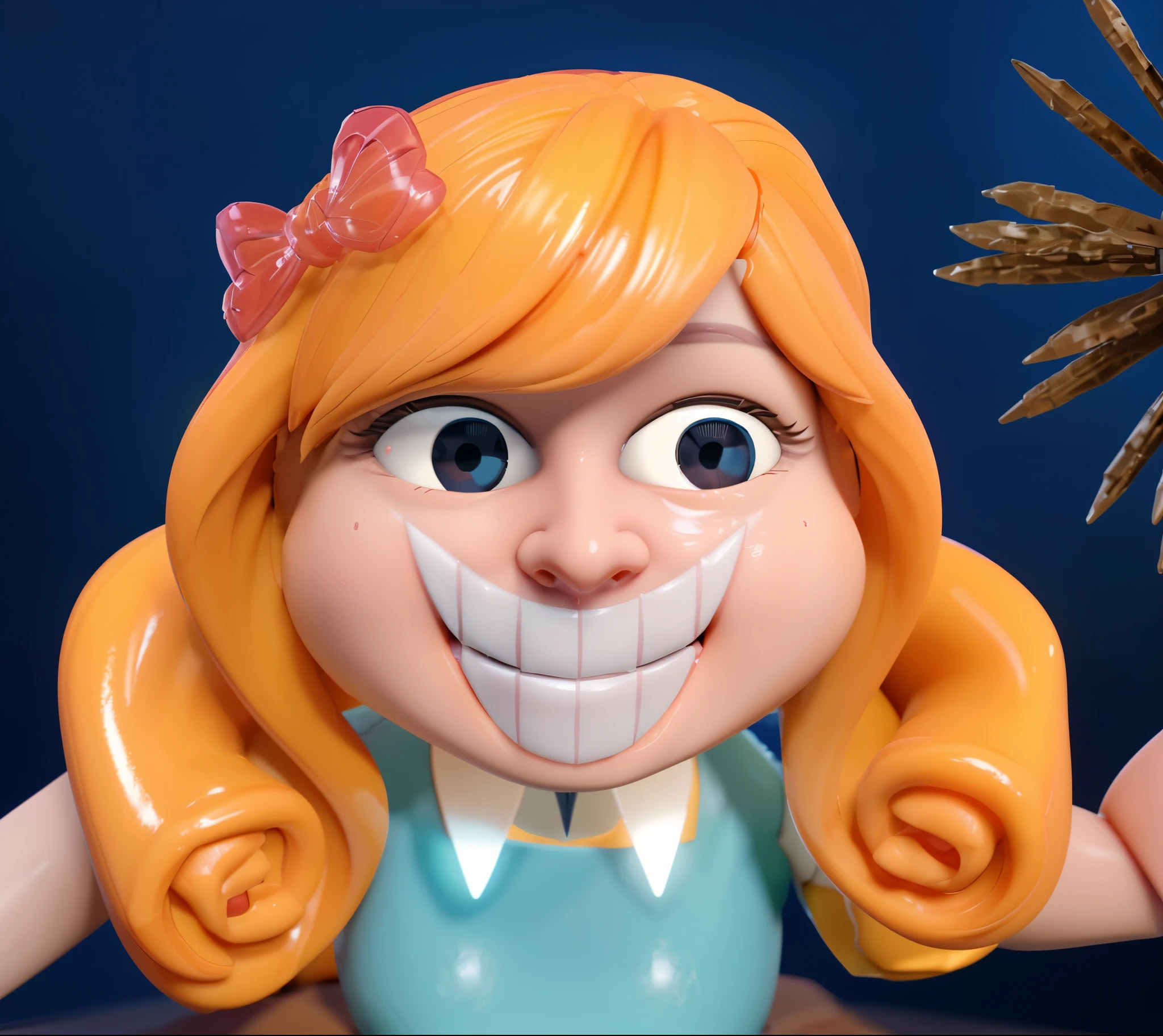 cartoon doll girl, doll, game character, videogame character, creepy doll, large creepy smile, doll with creepy smile and red eyes, insane, she ia holding death star mace in hand, doll toy, glossy texture, smooth 3d model, multiple light sources, rim light, sharp post effects render, (glossy plastic texture with multiple big light probe refractions), perfect cgi, smooth silhouette, high intensity refraction, (super glossy material), most beautiful vfx, blue background, plastic refractions, realistic, 4k, high resolution, rim light, she is flying, she is laying on the floor