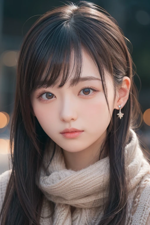 one girl, (a beauty girl, delicate girl:1.3), (18-year-old:1.3),photograph、
break, software, very fine resolution、(scarf, :1.3),blush、blush your cheeks、earrings、round glasses、
break, (symmetrical eyes:1.3),Night station platform、illumination、
break, (snow scene:1.3),((pout:1.3))、Upper grade、high angle、bulging cheeks、
break, small breasts, parted bangs, brown hair,  girl,ponytail、Scrunchie、Hair falls on cheek、
break, (Eye and face details:1.0),
break, (masterpiece, highest quality, Super detailed, detailed face, 8K)
