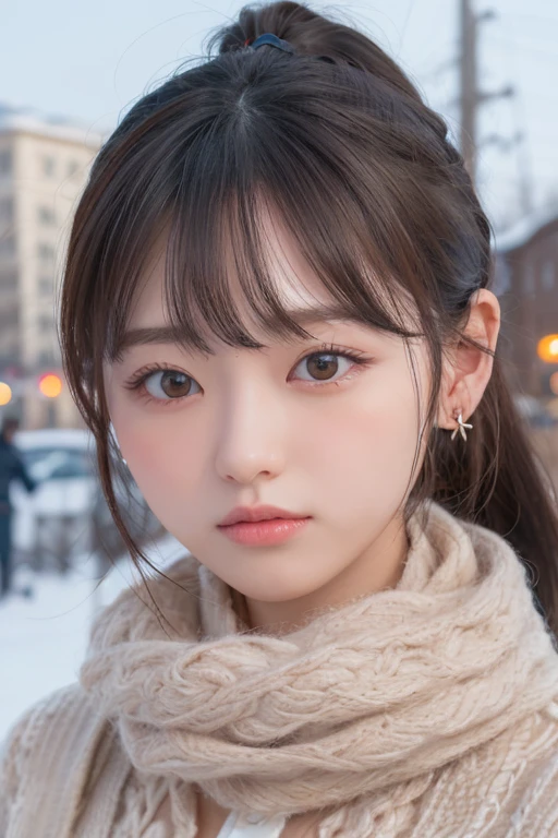 one girl, (a beauty girl, delicate girl:1.3), (18-year-old:1.3),photograph、
break, software, very fine resolution、(scarf, :1.3),blush、blush your cheeks、earrings、round glasses、
break, (symmetrical eyes:1.3),Night station platform、illumination、
break, (snow scene:1.3),((pout:1.3))、Upper grade、high angle、bulging cheeks、
break, small breasts, parted bangs, brown hair, girl,ponytail、Scrunchie、Hair falls on cheek、
break, (Eye and face details:1.0),
break, (masterpiece, highest quality, Super detailed, detailed face, 8K)