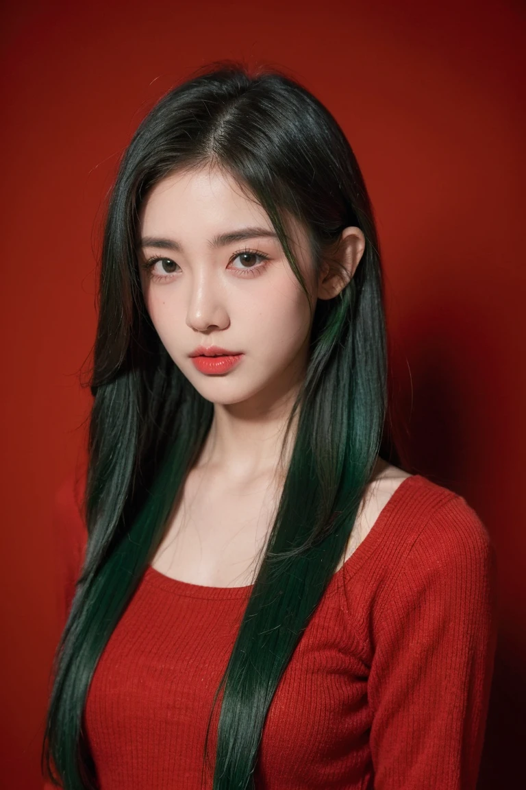 21yo girl, green hair, red background,