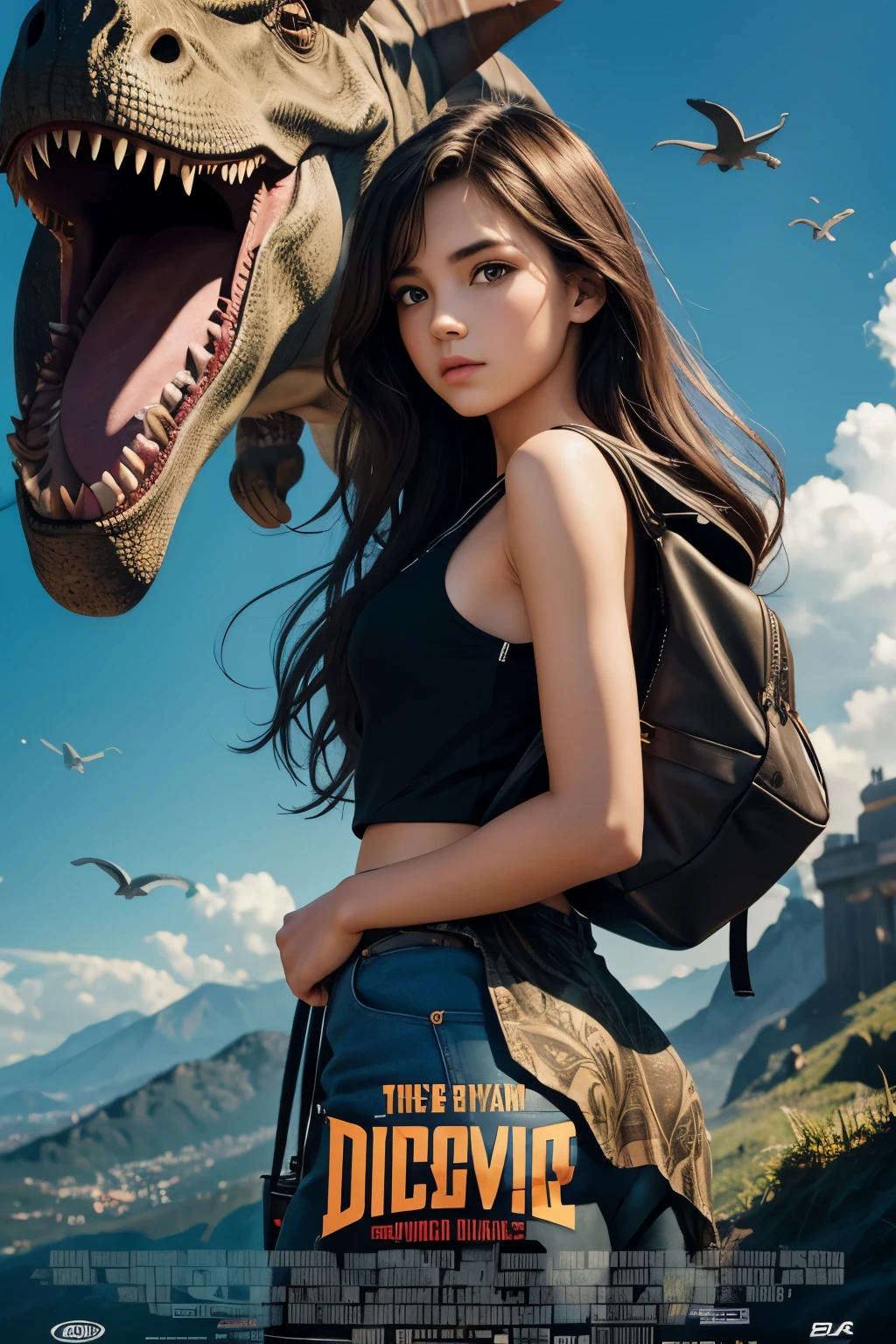 Teenage fashion model girl, dinosaur movie poster