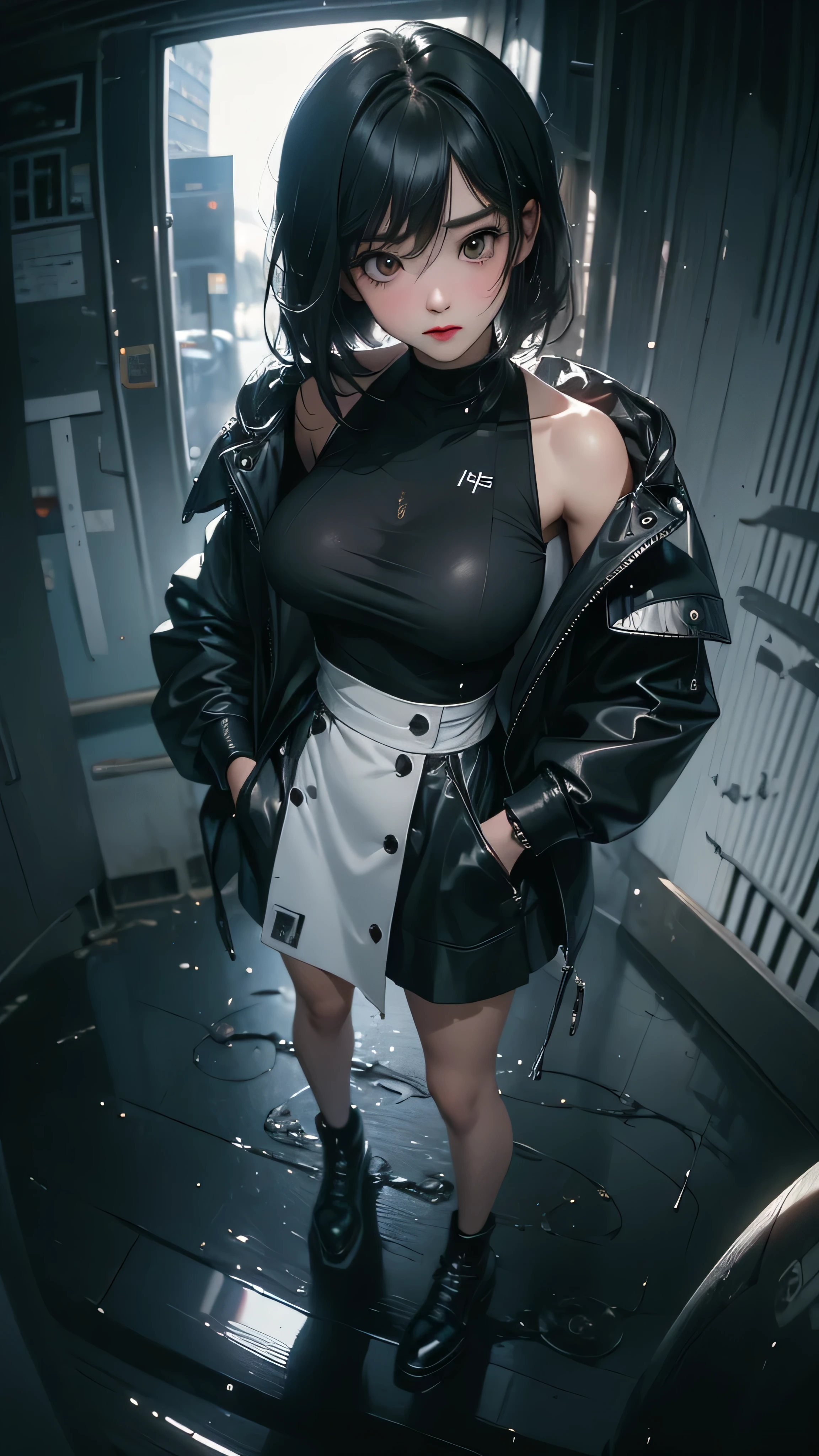 ((Highly detailed CG unit 8k wallpaper, masterpiece, High resolution, highest quality, highest qualityのリアルテクスチャスキン)), ((Hands in pockets pose:1.5, fashion model pose:1.2, A cool NY fashion girl influenced by nostalgic and inorganic mode fashion., detailed costume:1.2, Black complex lace layered maxi skirt and rider jacket combination:1.3, Monotone fashion, medium hair, Nana Komatsu)), (((blurred background, An empty back alley with black and white graffiti art:1.2, Rain-soaked road surface))), ((Angle from above:1.3, Fisheye Shot:1.5)), hyper realistic, digital painting, concept art,