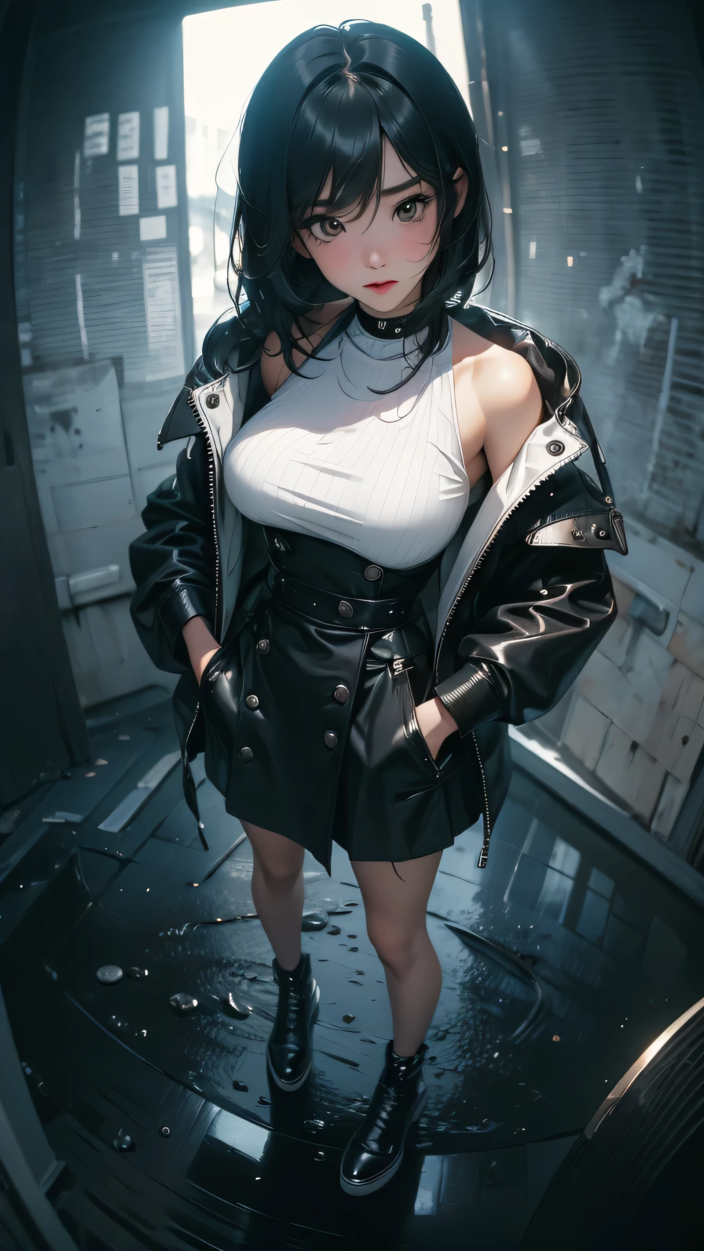 ((Highly detailed CG unit 8k wallpaper, masterpiece, High resolution, highest quality, highest qualityのリアルテクスチャスキン)), ((Hands in pockets pose:1.5, fashion model pose:1.2, A cool NY fashion girl influenced by nostalgic and inorganic mode fashion., detailed costume:1.2, Black complex lace layered maxi skirt and rider jacket combination:1.3, Monotone fashion, medium hair, Nana Komatsu)), (((blurred background, An empty back alley with black and white graffiti art:1.2, Rain-soaked road surface))), ((Angle from above:1.3, Fisheye Shot:1.5)), hyper realistic, digital painting, concept art,