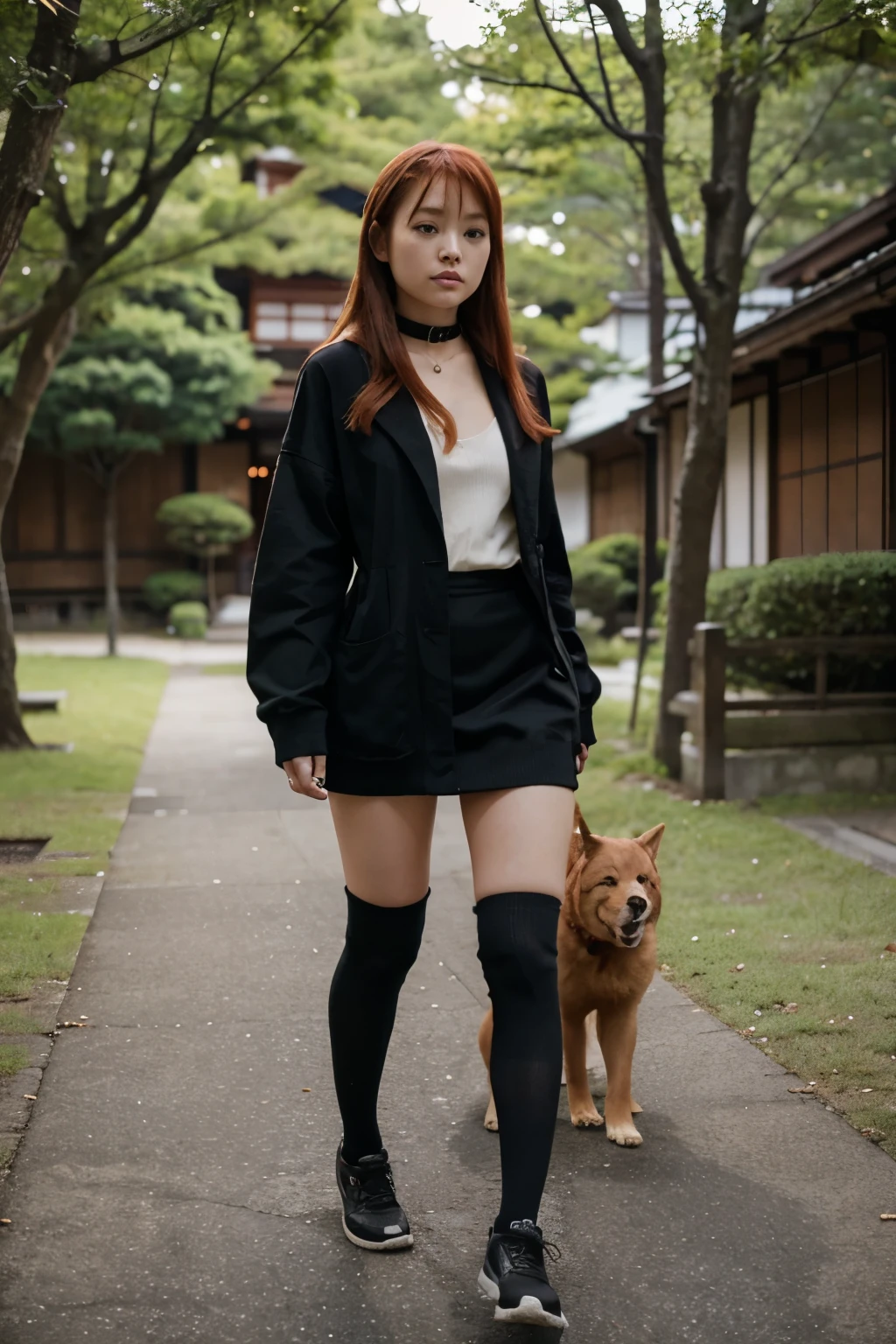 Sexy redhead nude japanese girl in a Girls world only walking exploration wearing only wearing only black over-the-knee socks and a dog collar