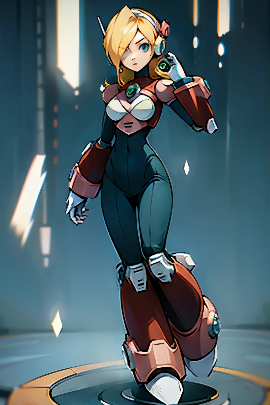 Megagirl, estilo megaman, female version of Magaman X, robotic, Mechanical parts, loira 