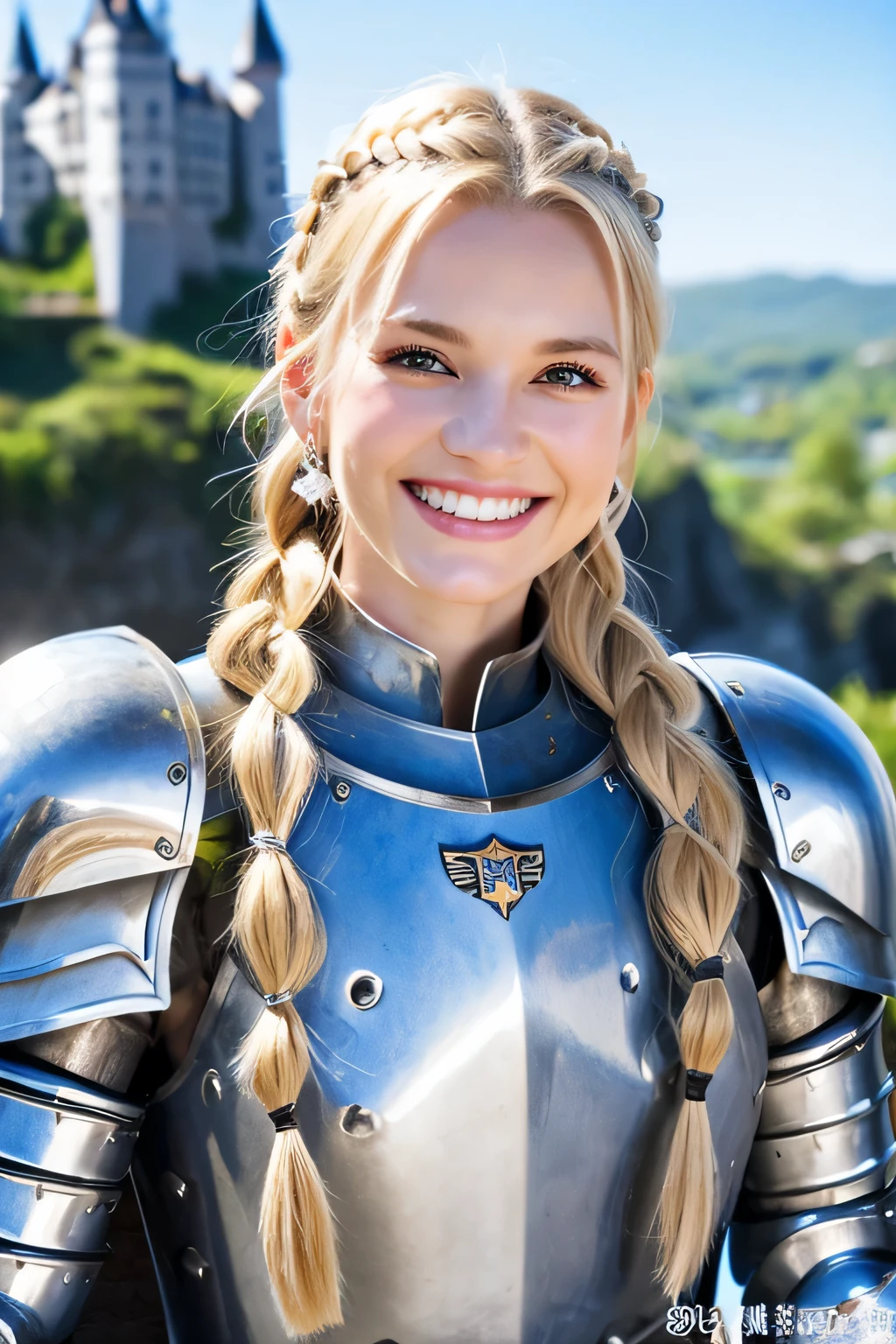 ８Ｋ、highest quality、female knight、The background is a castle、Luxurious Silver Armor、heavy equipment、Hairstyle braid、smile、beautiful teeth、full body photo、ear piercing、white woman、blonde、blue eyes、Gummy Smile

