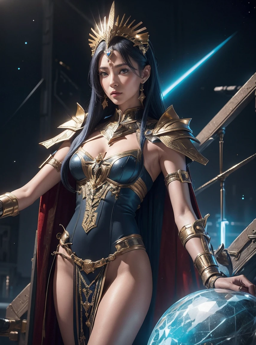 highest quality, masterpiece, realistic, High resolution, 8k RAW photo, 1 girl、long hair、goddess、Has a decorated sword、Swing your sword up、((glamor body:1.3))、(Blue bodysuit with ice motif、gold edge、red cloak)、Silver Pendant、silver earrings、(((action pose)))、(On the ice of a planet where you can see Mercury)、(Many ice crystals in the starry sky)