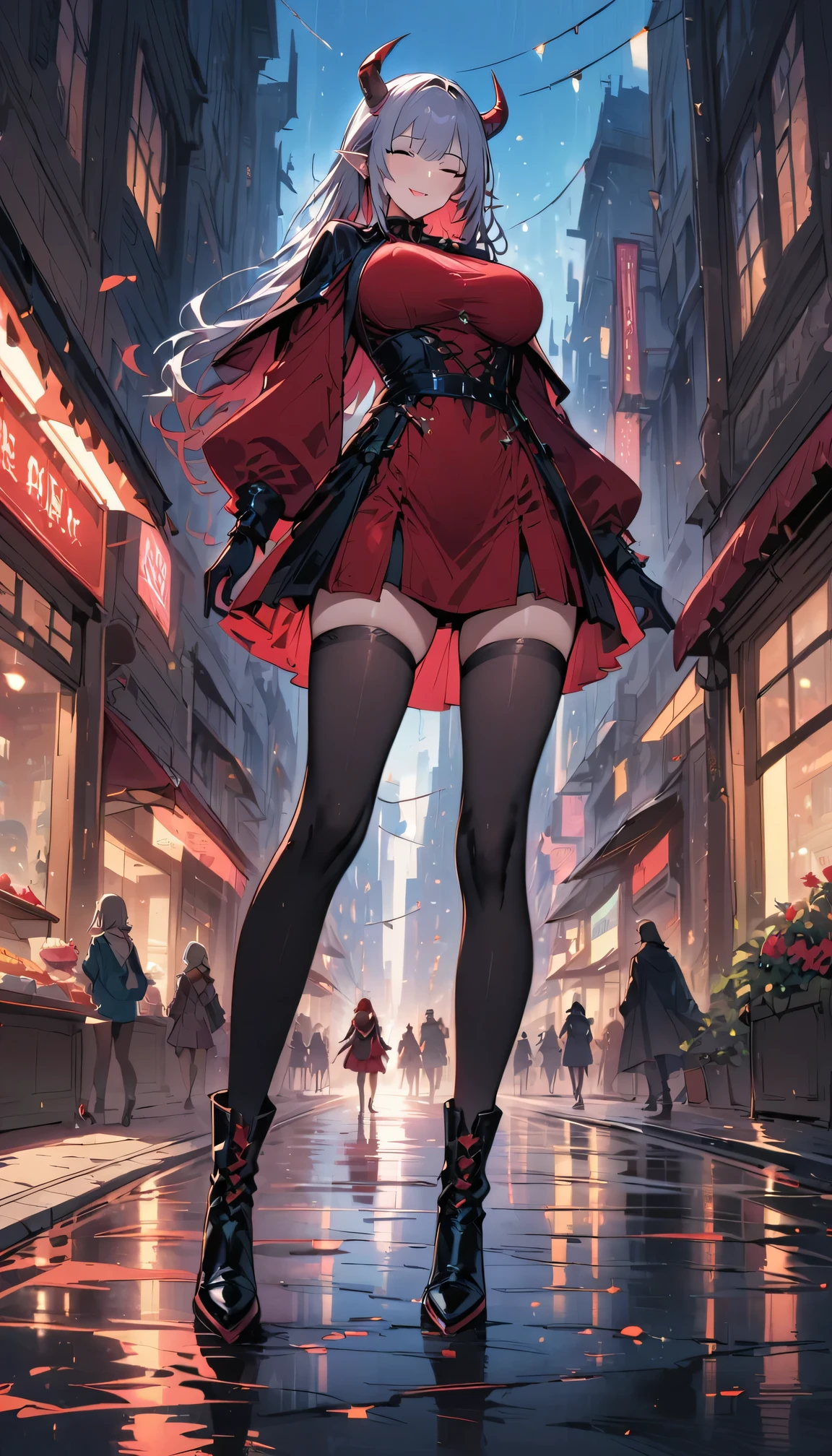 masterpiece, best quality,, GBF, black gloves, black stockings, cape, draft, gray hair, horn, Big breasts, long hair, pointed ears, mini skirt, Red dress,, city street, cake, happy, eyes closed