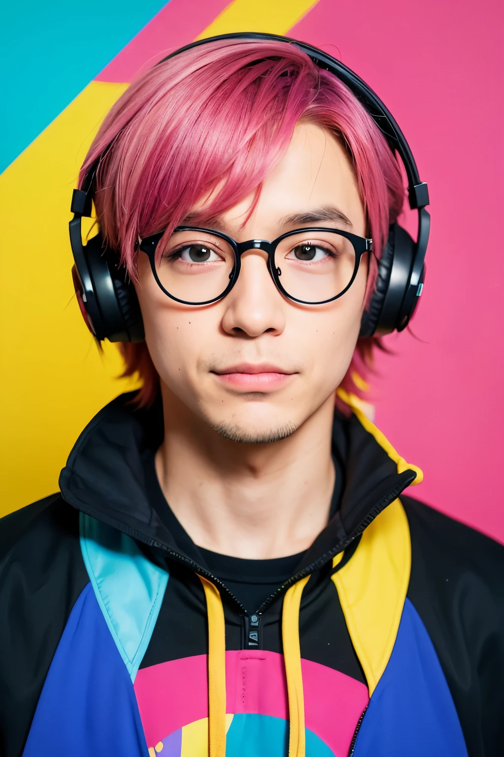 A colorful anime vector style portrait, centered on the canvas, featuring the face of a man looking to the right with a collar. The portrait includes anime-style shading and coloring, with a more traditional and vibrant anime color scheme. The man's distinctive headphones and glasses are highlighted with bright, but not overly saturated colors, and his collar is visible, adding to the character's attire. The background is plain to keep the focus on the detailed and colorful character in the center.