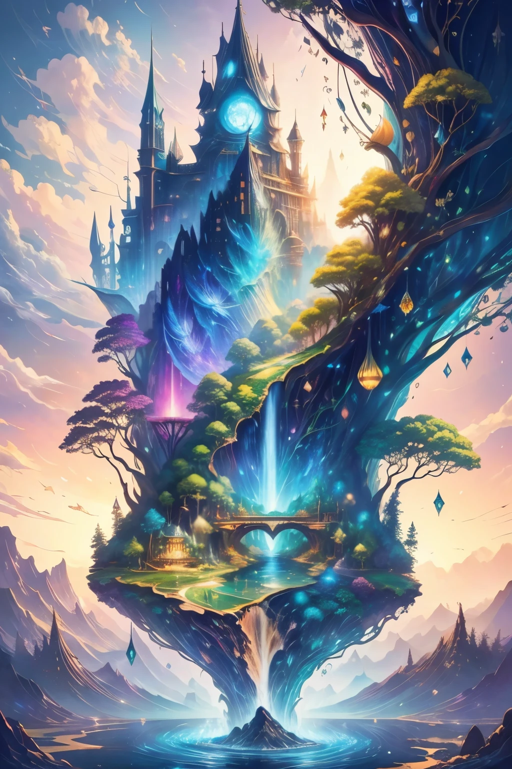 Artwork, top quality, better quality, flying islands, waterfalls cascading down from islands, fantasy worlds, spectacular panoramas, colorful clouds, flashy colors,