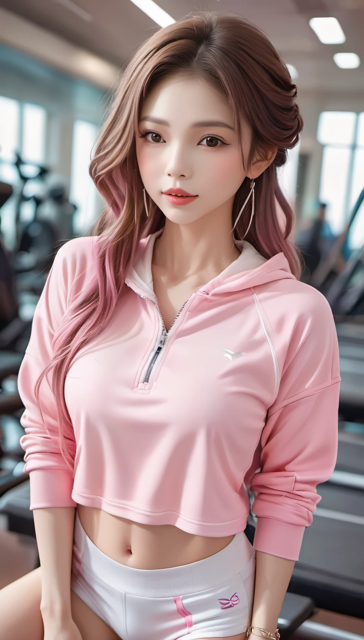(masterpiece, best quality:1.2),1 girl, alone,Exquisite hair color,Eyes are very delicate,( Wearing pink and white sexy shorts and tracksuit:1.2),too big,glowing skin,earrings(((excited expression)))blush,in the gym,Perfect body,pink lips