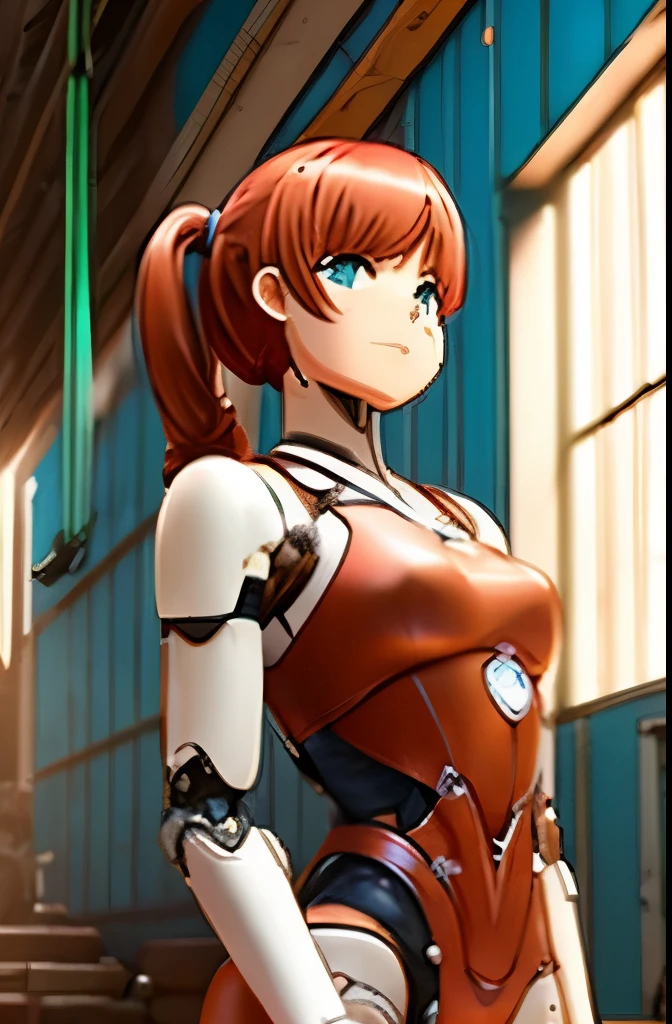 A Female robot is sleeping in bedroom, spread legs, nude, banzai pose. she wears no dress. She Brown short hair is tied with two big red clothespins, She lifts up the under hem of her white plain dress, leaning over, masterpiece, very short pigtails,brown hair, mature, android, blue eyes, full body figure, Height: 160cm, flushed cheeks, 2020s anime picture, A beautiful robot with short brown hair in two short pigtails held up by two very large huge red clothespins, Uplifting, No NSFW, whole body, barefoot, archaic smile, getting orgasm, 25 years old, sweat bucket.