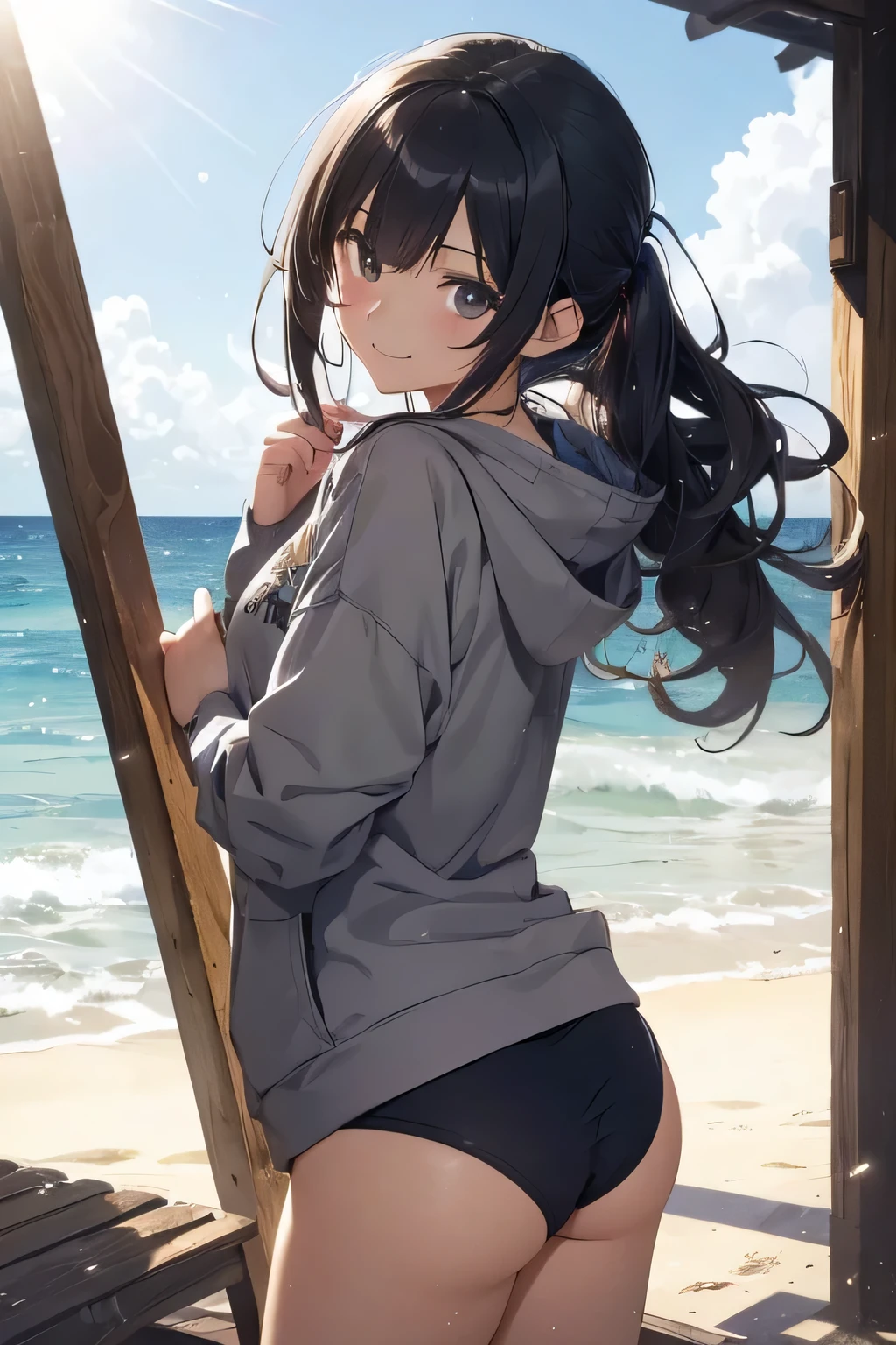 (masutepiece), (Best Quality), hyper detailed illustration，beautiful artwork，(Extreme Detail CG Unity 8K wallpaper、​masterpiece、top-quality)、(exquisite lighting and shadow、highly dramatic picture、cinematic lens effects)、One girl in grey hoodie and school swimsuit standing beach, black long haired girl wearing hoodie, beautiful  Girl, CG Art, anime style 4 k, Seductive Girl, 4k wallpaper, attractive girl, beautiful  Girl, beautiful alluring teen, Art styles, Look back，Wake up with water，(Evil smile)，Brown eyes，Wide blue sky，(Tsurime)，(straggling hair)，Saw，poneyTail，(on the beach)，beach side，(light sparkles)，(light particles)，(strong light coming in)，(arched body:1.2)，(head tilt)，