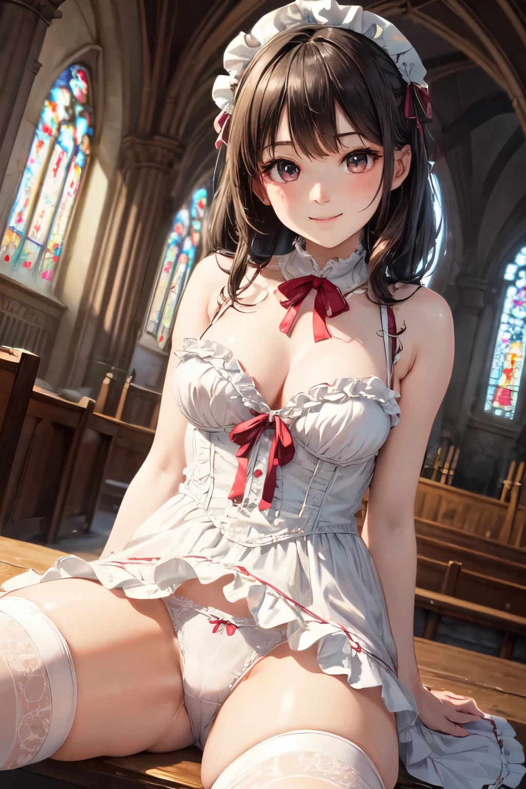 very cute and beautiful girl,(highly detailed beautiful face and eyes),
(smile),blush,black hair,looking at viewer,(floral pattern brown lolita dress with detailed frills),detailed lace,
sitting,(spread legs),arms behind back,(white panties),
altar,church,indoors,
(best quality,masterpiece:1.0),absurdres,highres,ultra-detailed,extremely detailed,32k,8k resolution,
intricate details,cinematic scene,detailed background,solo,dynamic angle,