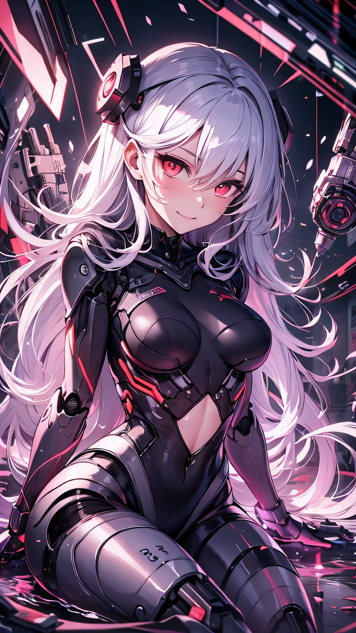 最high quality、best image quality、masterpiece、android girl((18-year-old、 By becoming、vest bust、medium bust,wide open breast tea、red glowing eyes, water hair、messy hair、long hair、thin,highest valley、white robot body、shining blue body、Close ~ eyes、All connected to cables、Show the whole body、robot arm、robot feet、villain、evil smile、sit、open the thighs、open your legs)),high quality、beautiful art、background((dark bio facility、dark room、Infrared Sensor、red lighting))、Flight、debris flies、Depth of written boundary、movie、visual art、perfect art、8K,genuine、